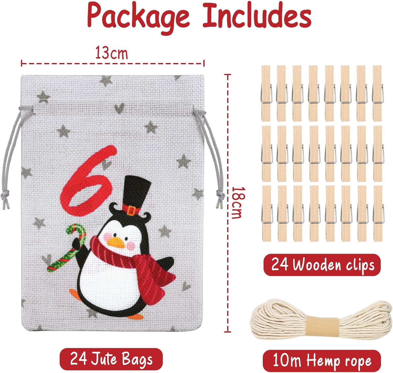 2024 Empty Advent Calendar, 18 x 13 cm, Advent Calendar Bag for Children, Women, Men, 24 Empty Reusable Fabric Pouch, DIY Christmas Decoration