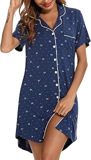 Samring Pajama Nightgown for Women Short/Long Sleeve Button Down Nightwear Top Boyfriend Sleep Shirts Nightdress S-XXL