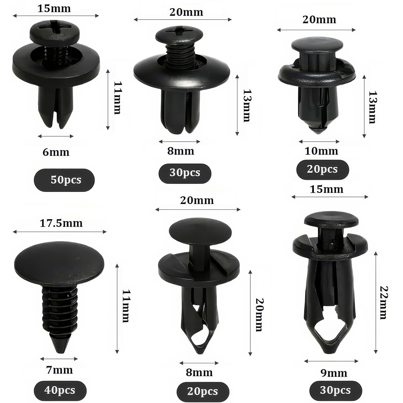 Kit De 190 Clips De Fixation Voiture DHWEKU - 6 Tailles Pour Panneaux Et Pare-Chocs