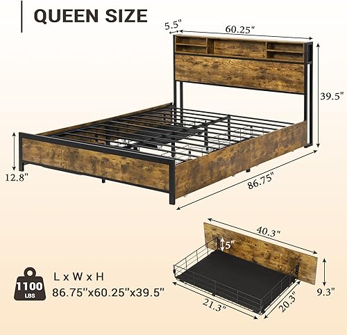 Miniatura 2 de BTHFST Base de cama LED Queen con cabecera de almacenamiento puertos USB y tomas de carga plataforma de metal con cajones de almacenamiento no