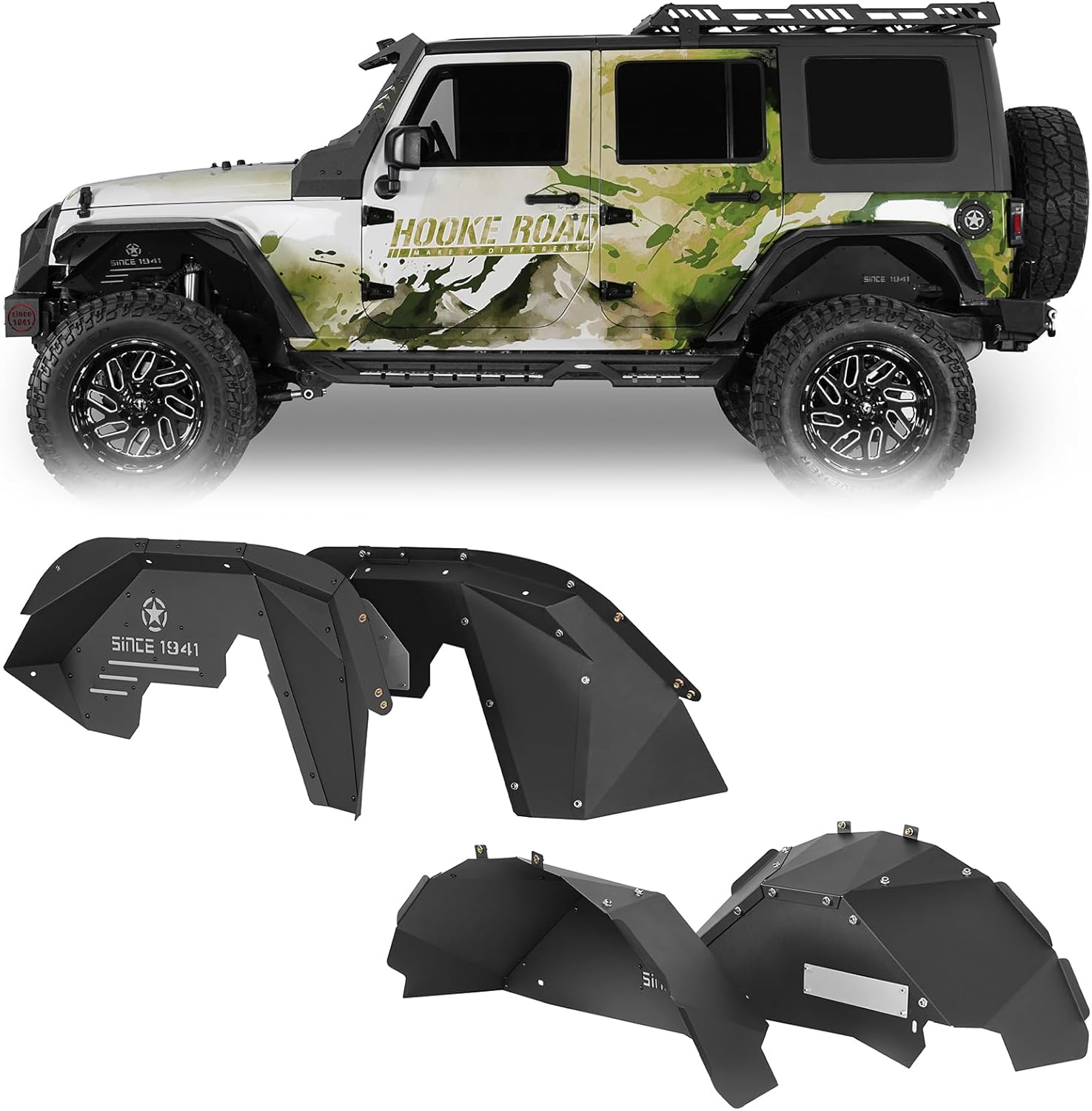 Hooke Road Aluminum Wrangler JK Front and Rear Inner Fender Liners Kit for 2007-2018 Jeep Wrangler JK & Unlimited 2/4 Doors, Wheel Well Liners - 4PCS