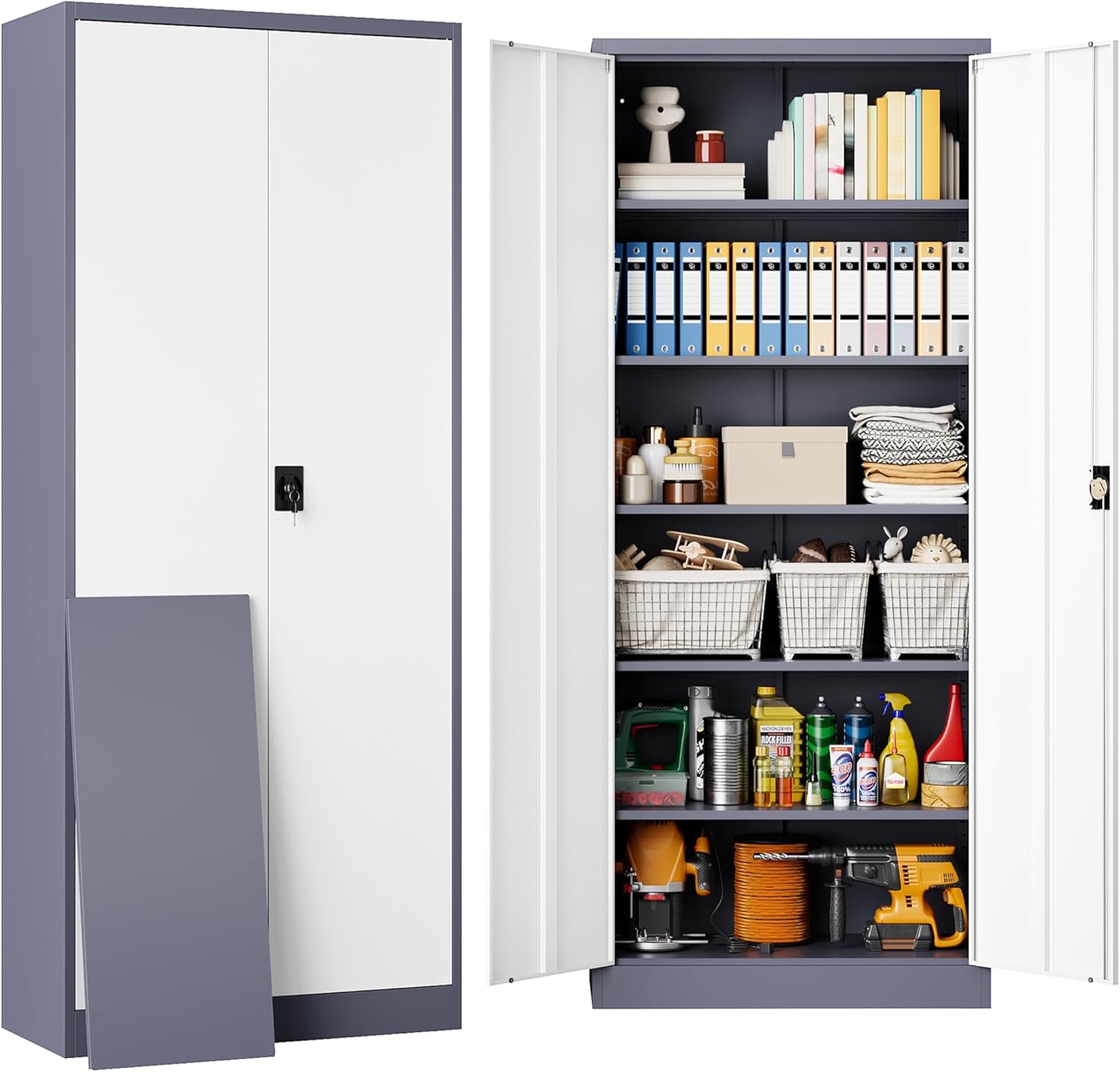 Storage Cabinet with Doors and Shelves, 71" Metal Cabinet