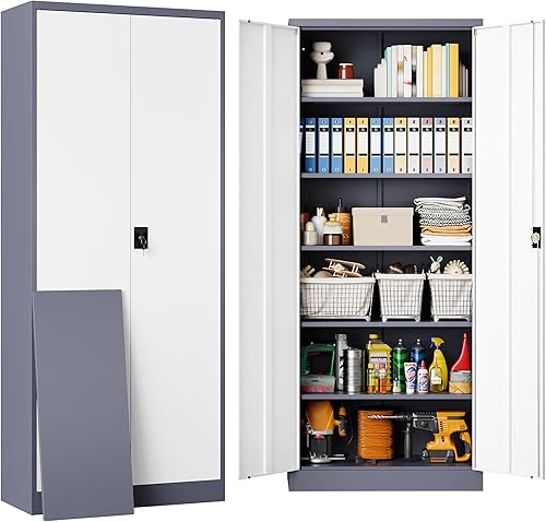 Miniatura 11 de SISESOL Armario de almacenamiento de metal blanco con 5 estantes ajustables, gabinete de metal de 71 pulgadas de alto con puertas con cerradura,