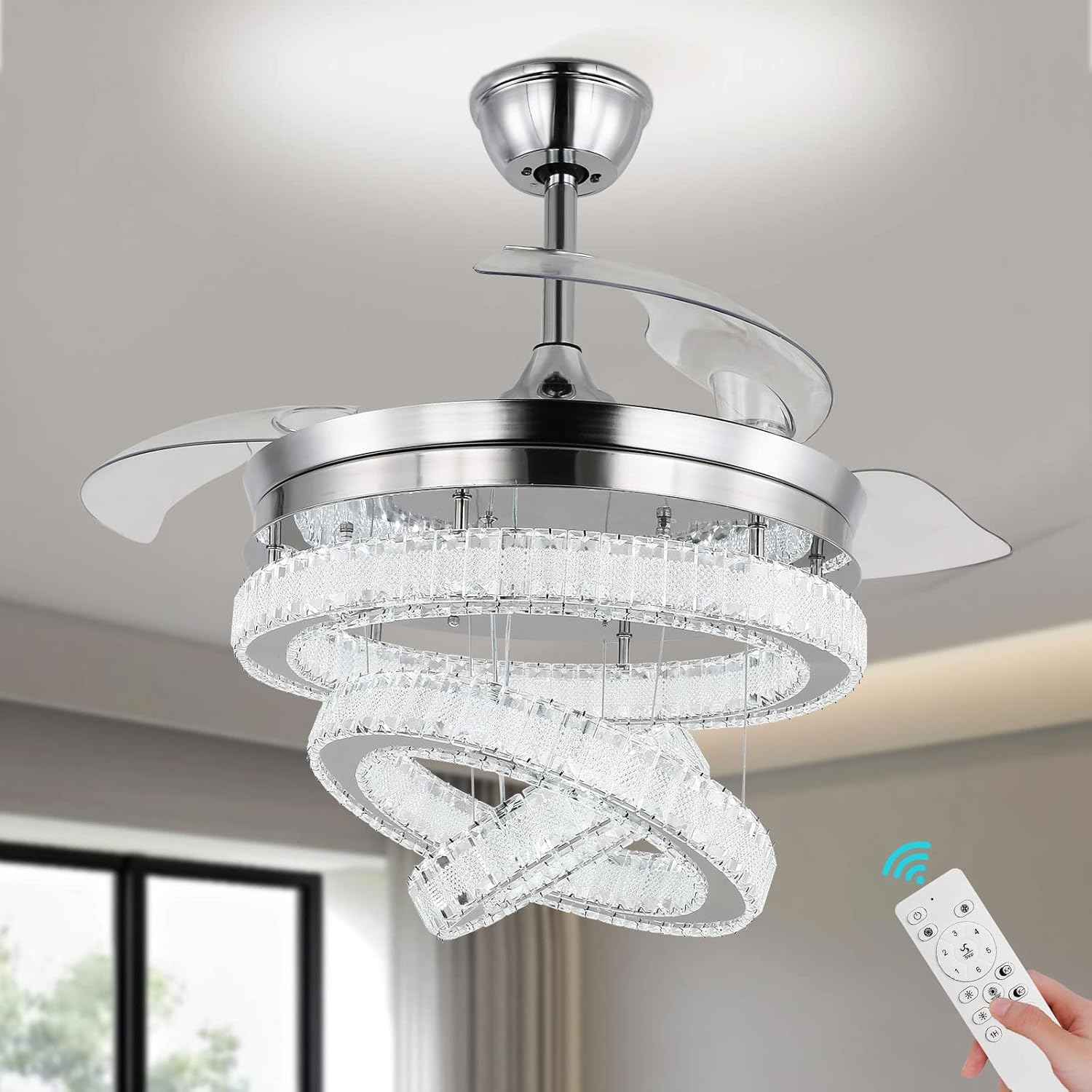 FRIXCHUR 42 Inch Crystal Chandelier Ceiling Fans with Lights Dimmable LED Fandeliers Silver Ceiling Fan with Light and Remote