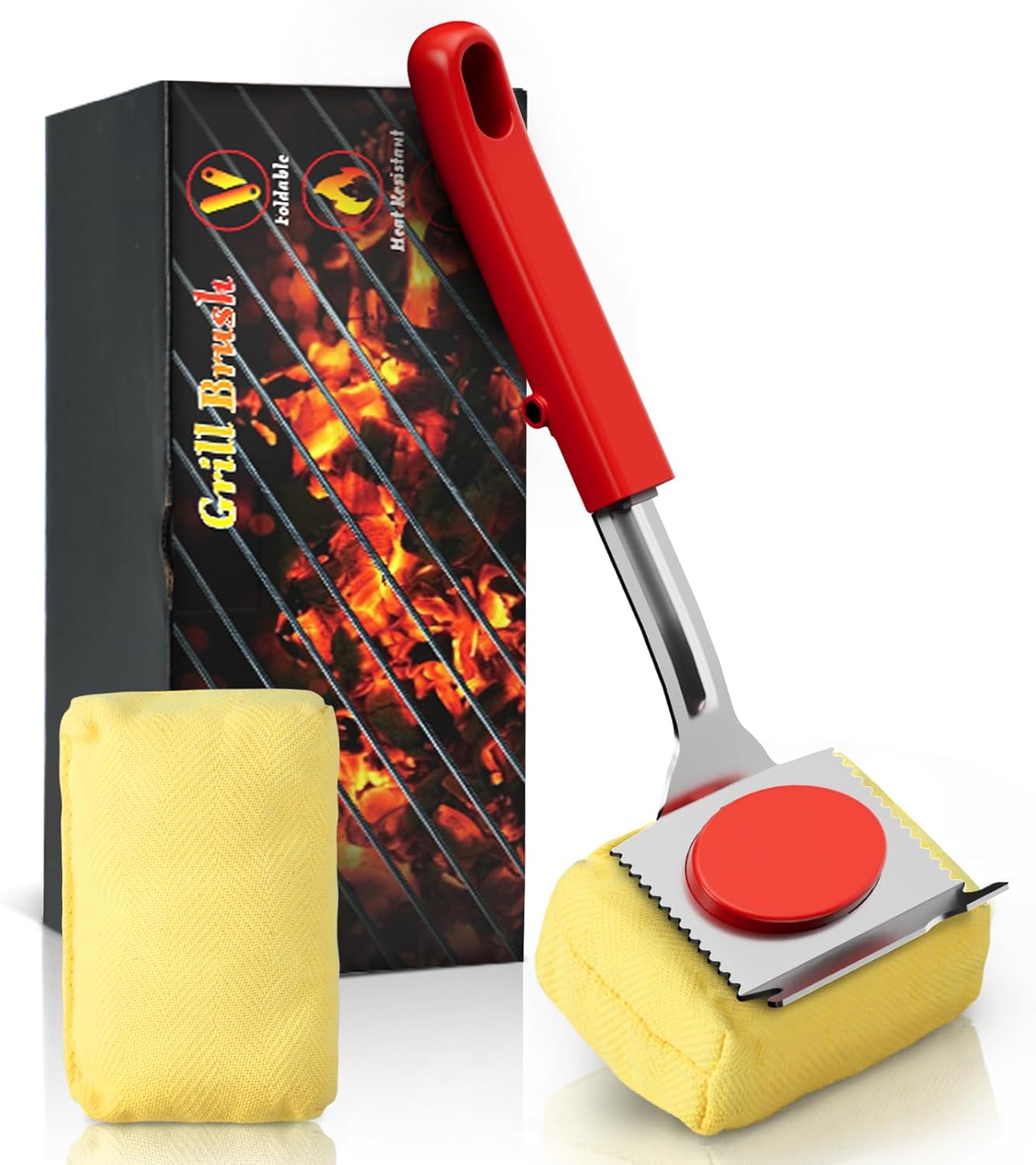 Grill Brush Bristle Free, BBQ Grill Brush for Outdoor Grill, Safe Steam Grill Cleaning Brush with Scraper,2X Replacement Sponge Heads, Non Metal Bristles for Cast Iron, Stainless-Steel Grates