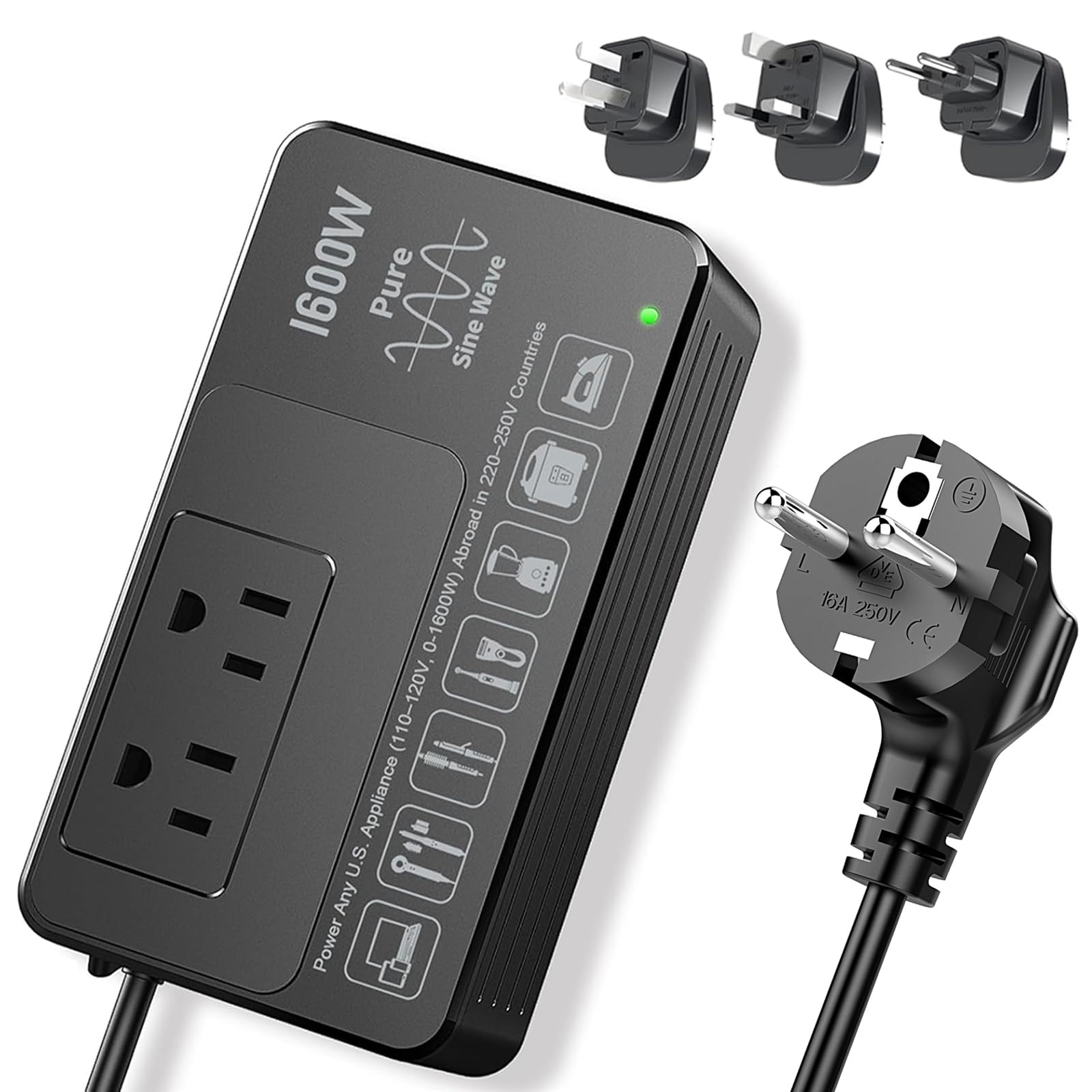 220V to 110V Voltage Converter US to Europe, Universal Power Plug Adapter Voltage Converter for European International Travel, 1600W - Plug & Play, Power Any U.S. Appliance in 220–250V Countries