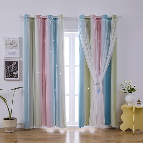 Cortinas de habitación para niñas con diseño de estrellas para dormitorio sala de estar decoración de arco iris degradado oscuro de doble capa
