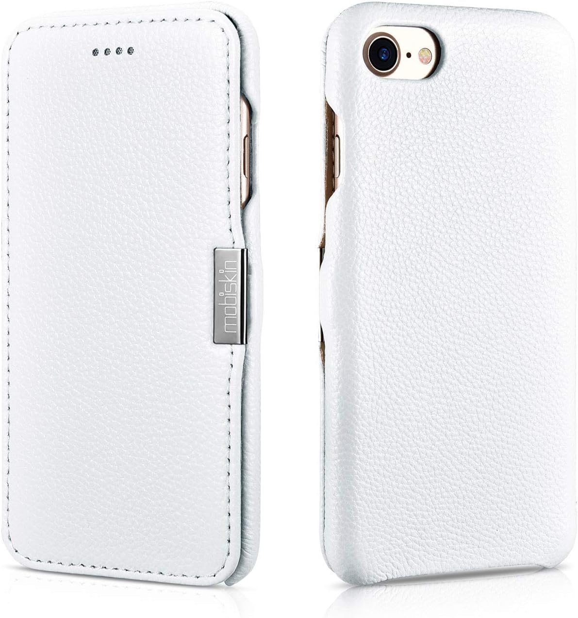 Mobiskincase compatible with Apple iPhone SE 2022 5G, iPhone SE 2020, iPhone 8, iPhone 7, cover with genuine leather, book-style protective phone case, ultra-slim folio, thin wallet, white