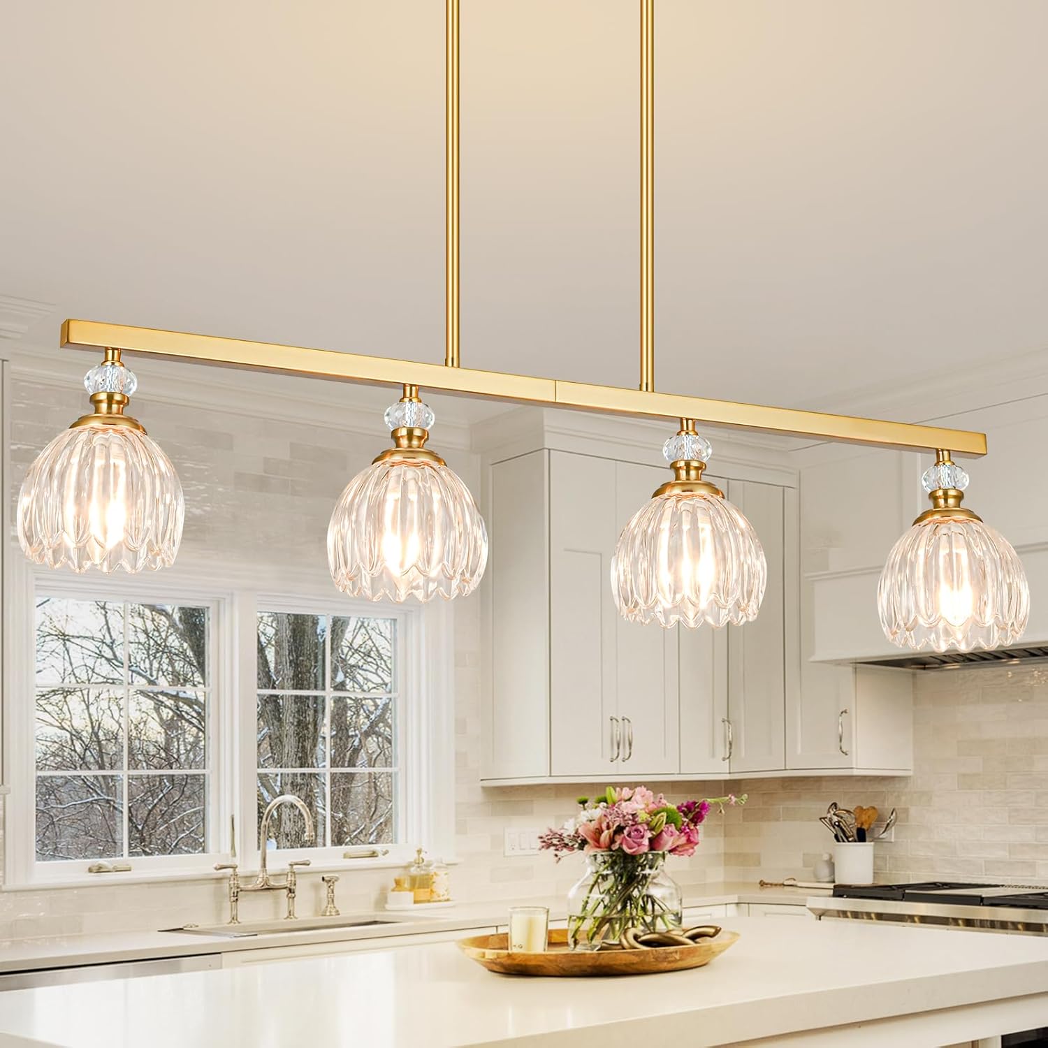 Gold Island Light for Kitchen, 4-Light Linear Chandelier for Kitchen Island with Tulip Glass Shades, Brushed Gold Finish Hanging Light Pendant Fixture Over Dining Table