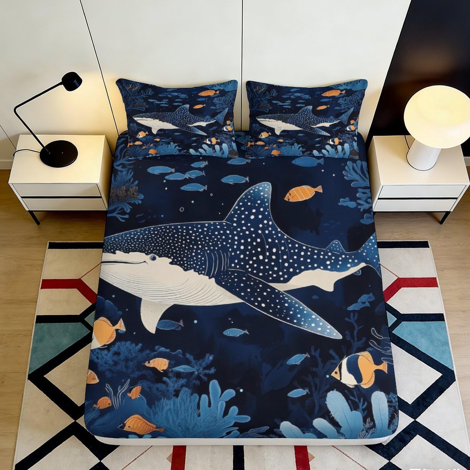3D Printed Whale Shark Fitted Sheet Microfiber Soft Navy Ocean Fish Bed Cover for Bedroom Guest Room Decor 90x200x25cm