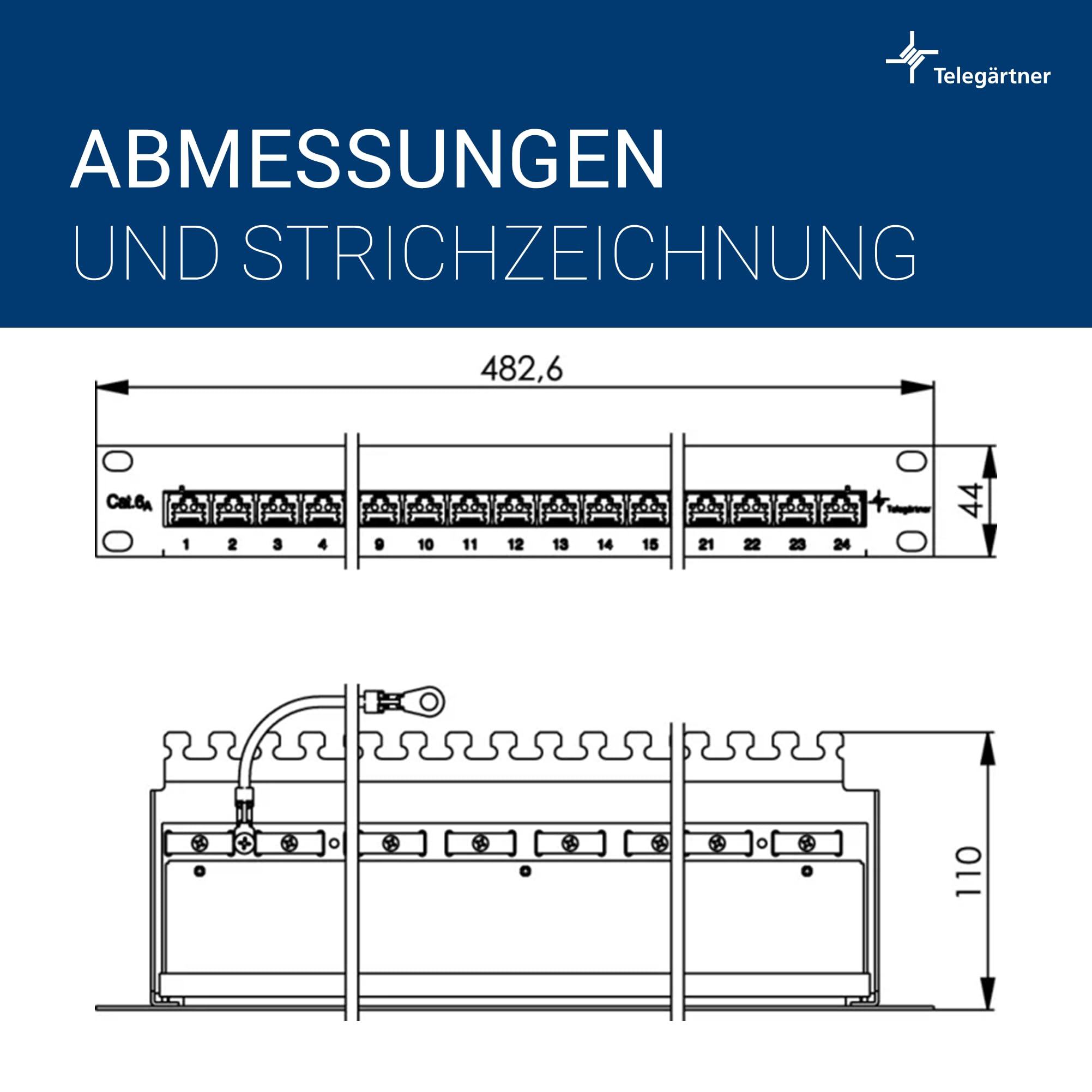 Telegärtner 19 Zoll Patchpanel MPP24-HS K Cat.6A geschirmt 1HE LSA | 19 Zoll Patch Panel, 24 RJ45 Buchsen Cat.6A, 1HE, LSA-Anschluss, 360° Schirmung, werkzeugfreie Montage