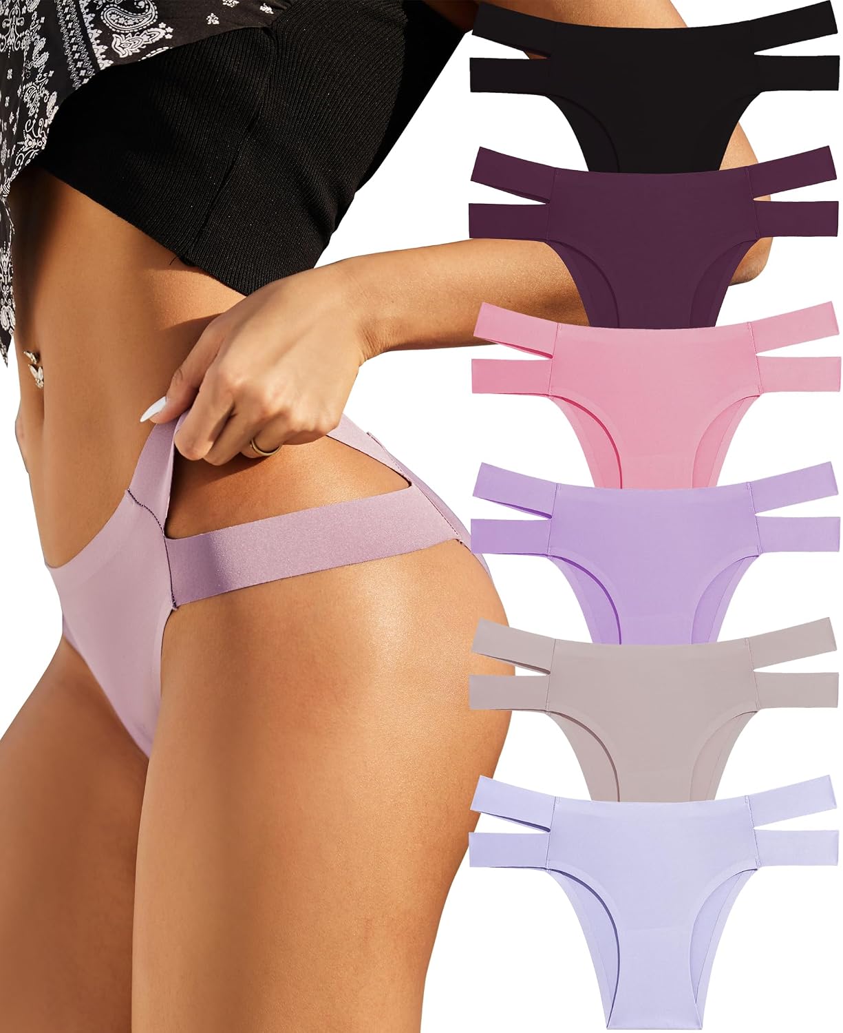 Knowyou Seamless Underwear for Women Sexy Bikini Panties No Show High Cut Hipster Cute Cheeky Panty for Ladies 6 Pack