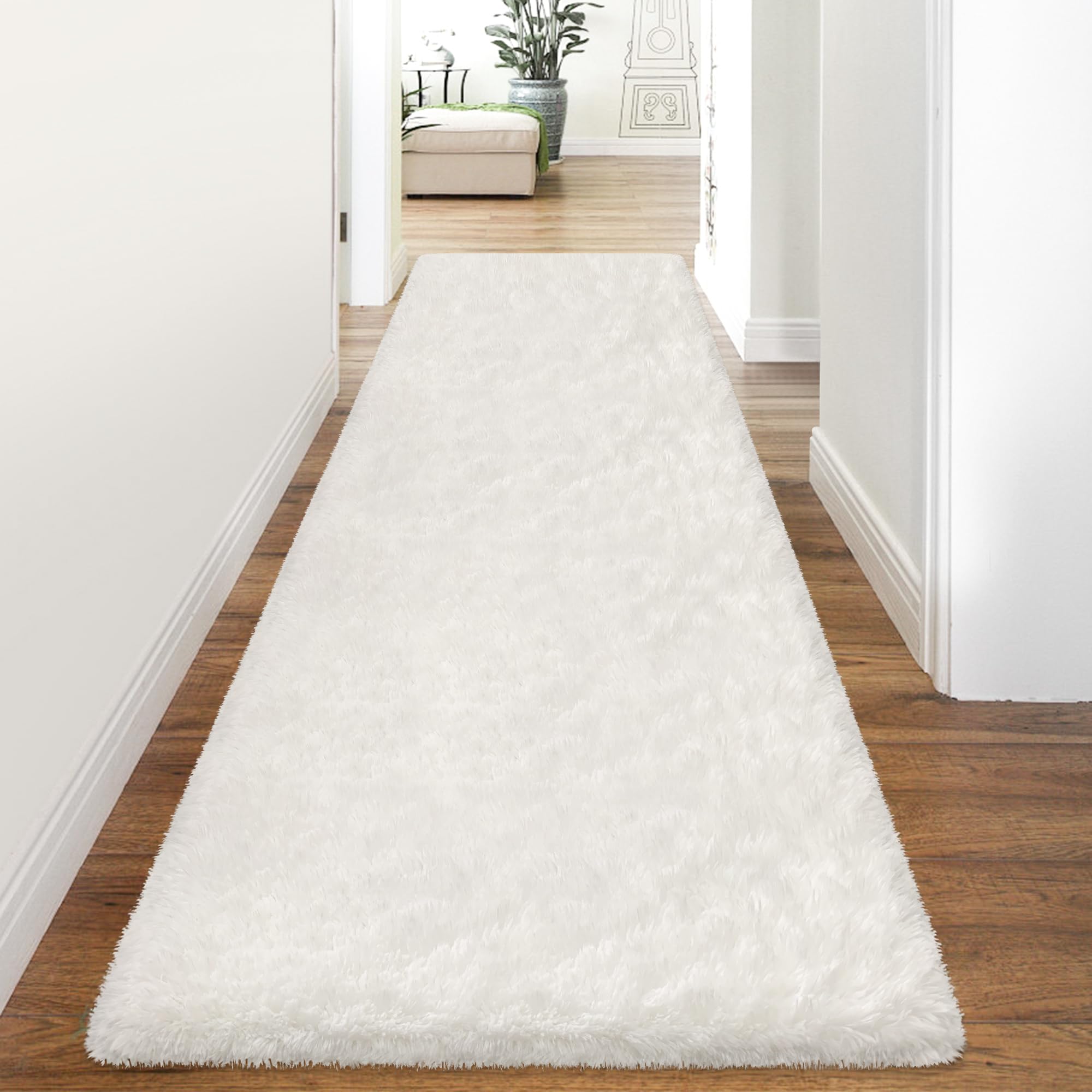 TENNOLA 3x10 Feet White Soft Shag Runner Rug for Bedroom Fuzzy Fluffy Rugs with Non-Slip Bottom for Hallway Bedside Living Room Dorm, Furry Area Rug
