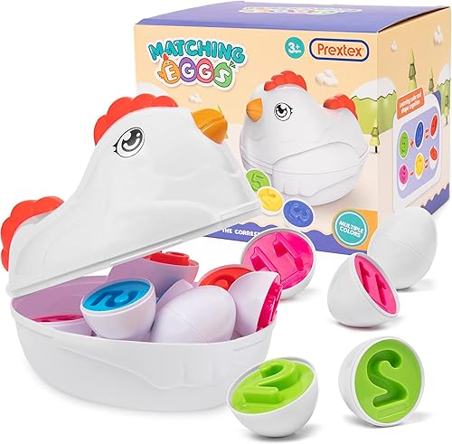 PREXTEX Find & Match - Huevos de Pascua a juego con estuche de transporte para gallinapollo, juguetes para bebés, juguetes cerebrales, habilidades