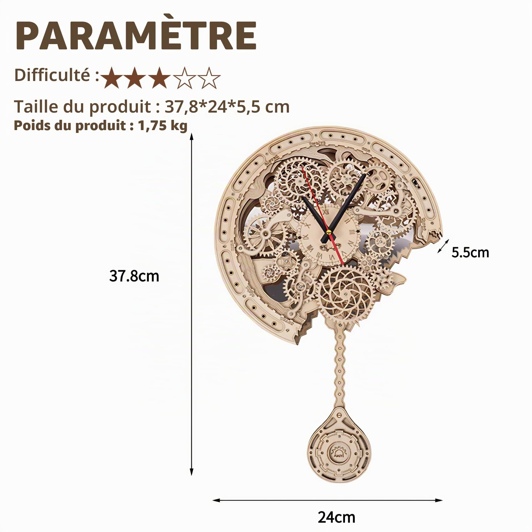 Gueidi Puzzle 3D en bois magique - Kit de modélisation 3D - Cadeau pour enfants et adultes (horloge)