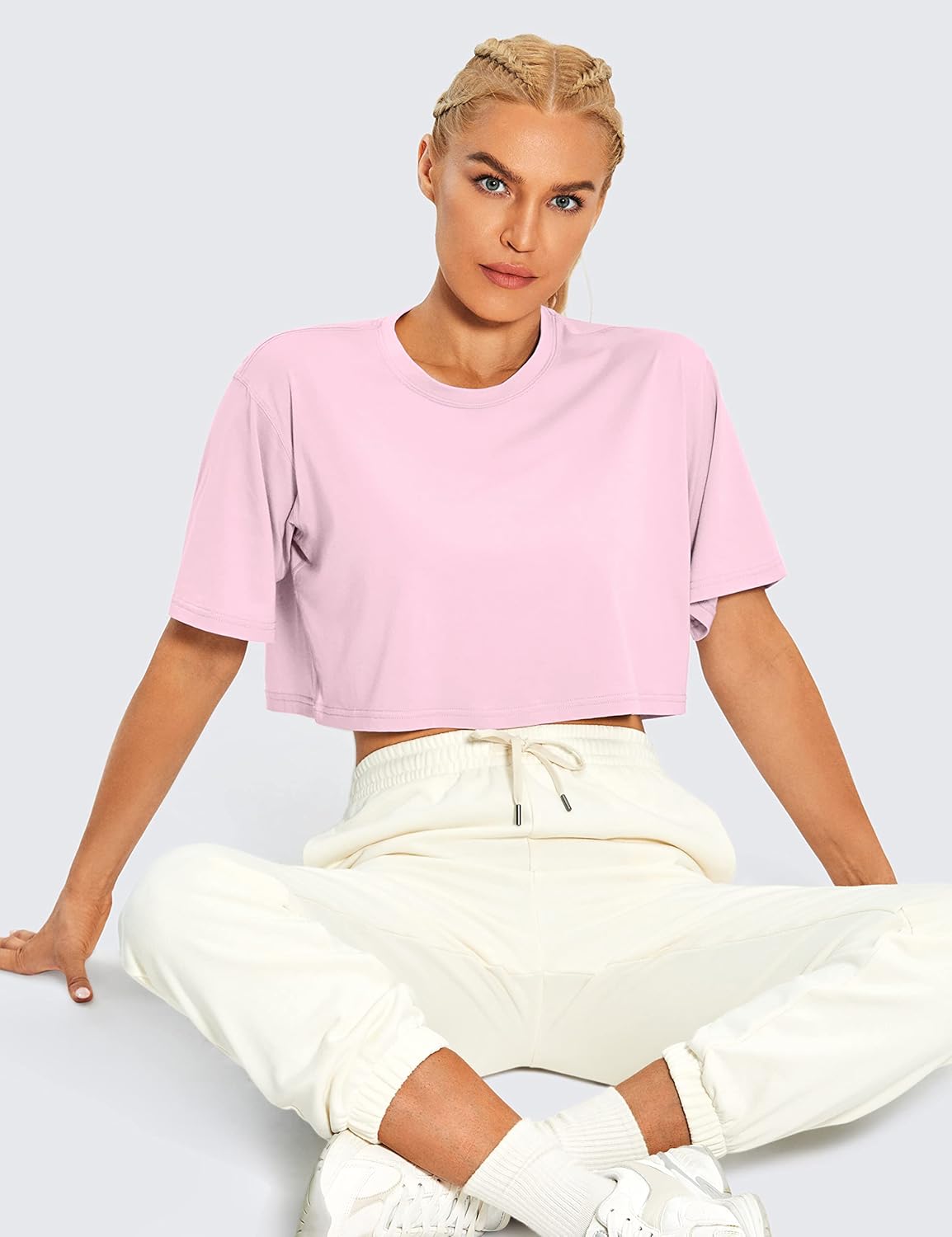 CRZ YOGA Pima Cotton Loose Crop T-Shirts for Women - Workout Yoga Casual Athletic Running Short Sleeve Shirts Crewneck Tops - Image 3