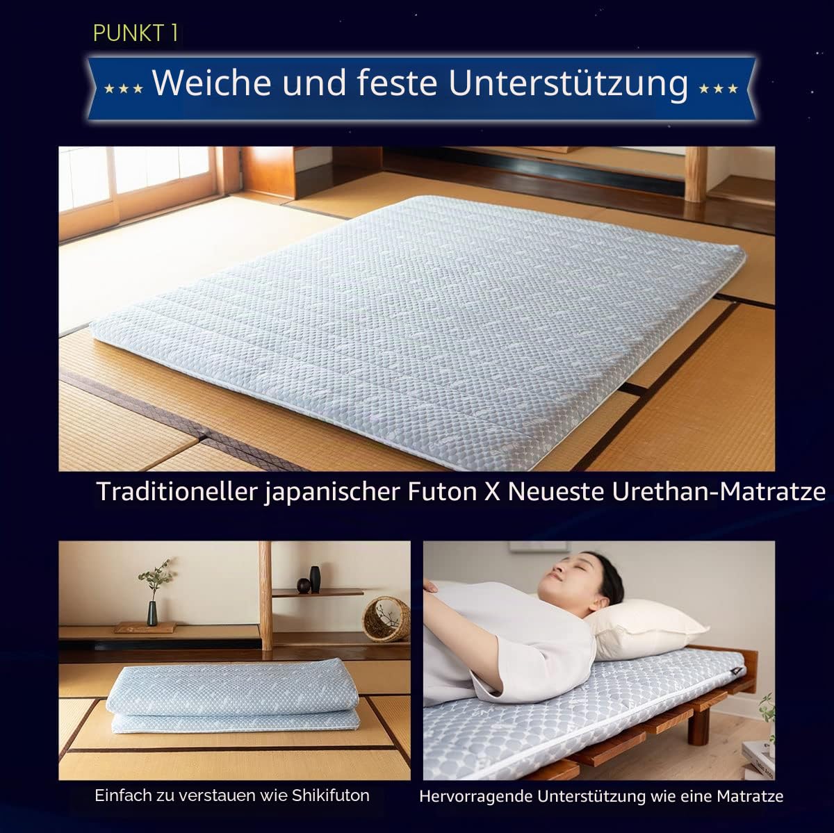 EMOOR Faltbare Hybrid-Futonmatratze 140 x 195 cm, Hochelastischer Urethanschaum 150N (Mittelfest) Mit-Waschbarem Gepolstertem Bezug, Tatami-Boden-Schlafmattenauflage, Grau