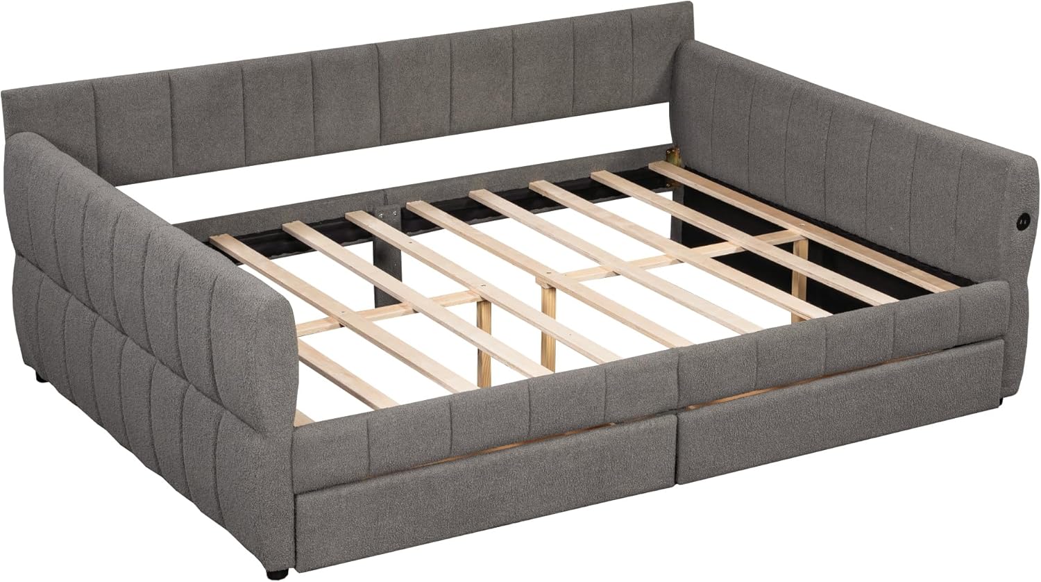 Queen Size Daybed Frame with Storage Drawers and USB-Ports, Upholstered Lambswool Sleeper Sofa Day Bed for Living Room, No Box Spring Needed, Kids Girls Adults, Gray