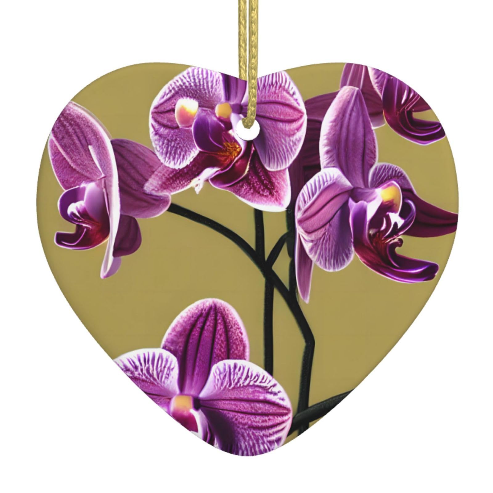 Beautiful Orchids Ceramic Christmas Heart Pendant with Silk Thread, Christmas Tree Home Decoration