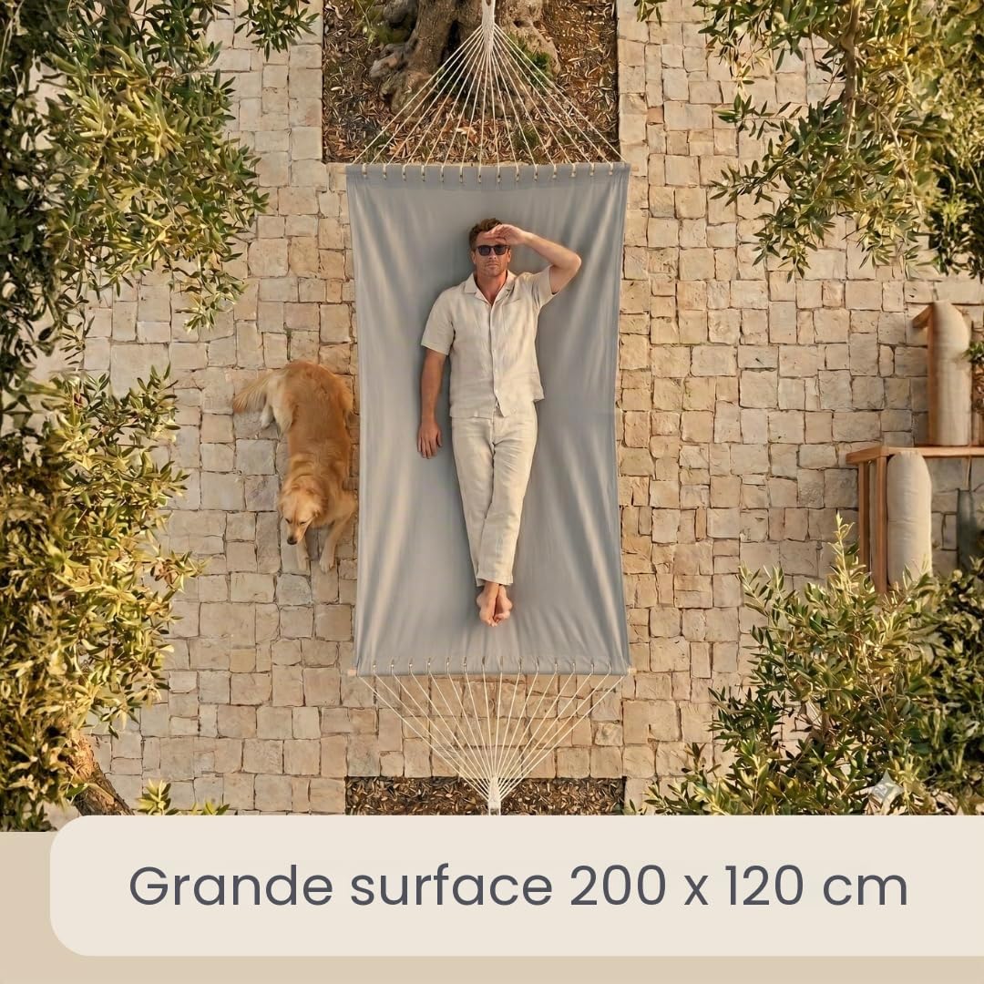 AMANKA XXL Hamac à Barre d'Écartement 200x120 cm Gris - Double Détente 2 Personnes 150kg - Coton Robuste Extérieur & Intérieur - Balcon Jardin Terrasse Camping - 100% Respirant Tissu Souple Agréable