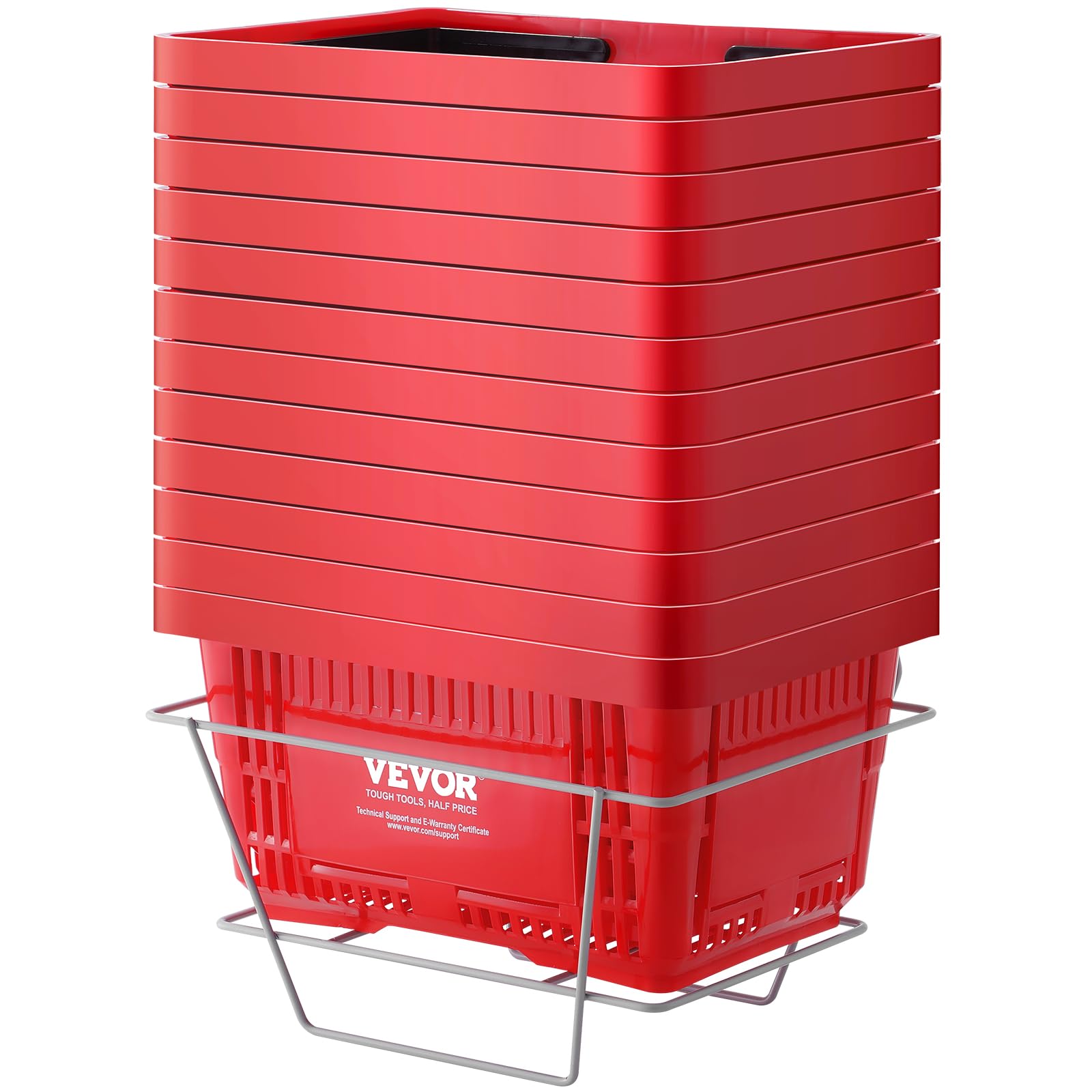 VEVOR Cesta Roja de la Compra con Asas y Soporte, 12 Piezas, 24 L, Cesta Portátil de la Compra de Plástico Duradero de 425 x 295 x 225 mm, para la Compra de Comestibles en el Supermercado, Tienda