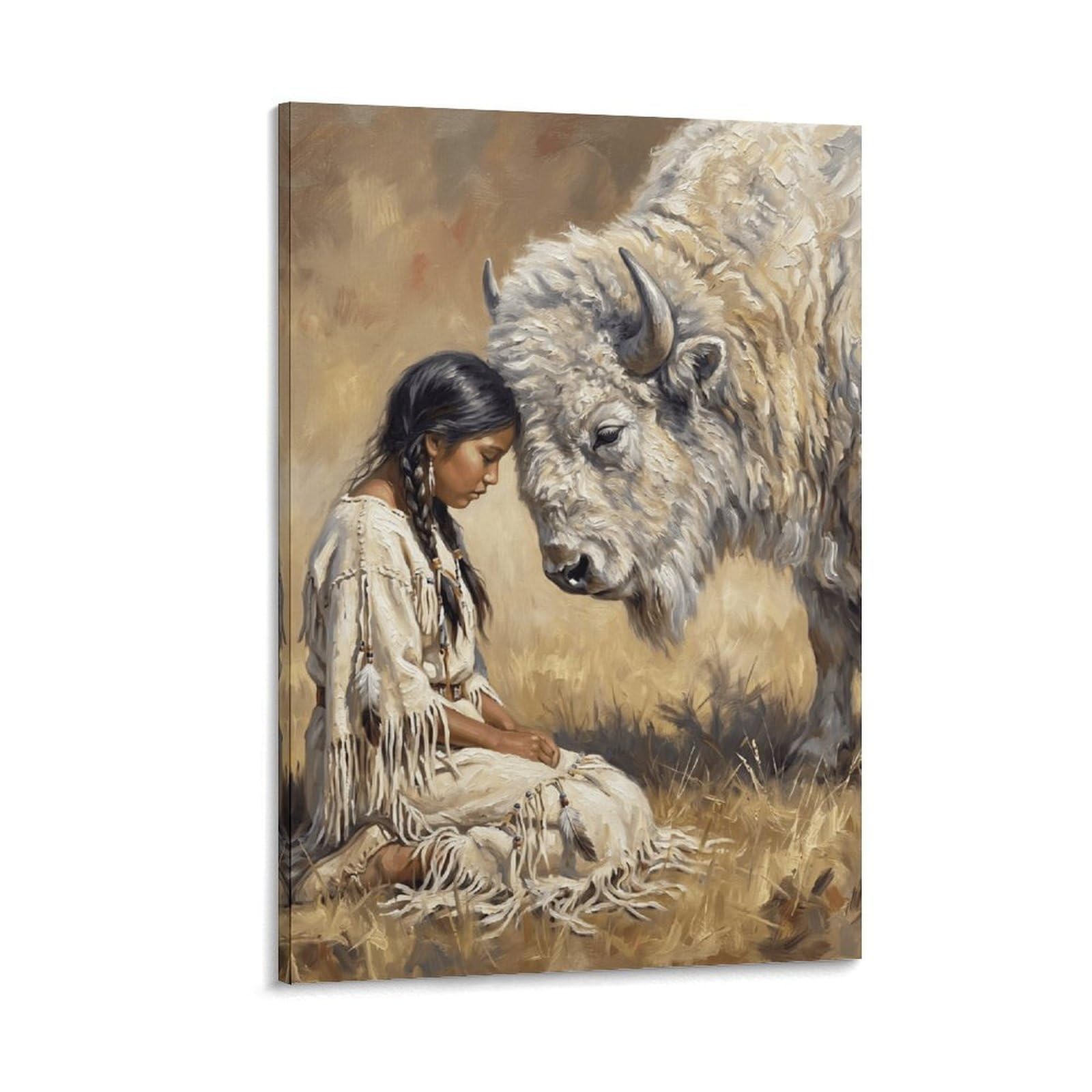 W7C8U2X3 White Buffalo Woman Rustic Canvas Wall Art, Rustic Western