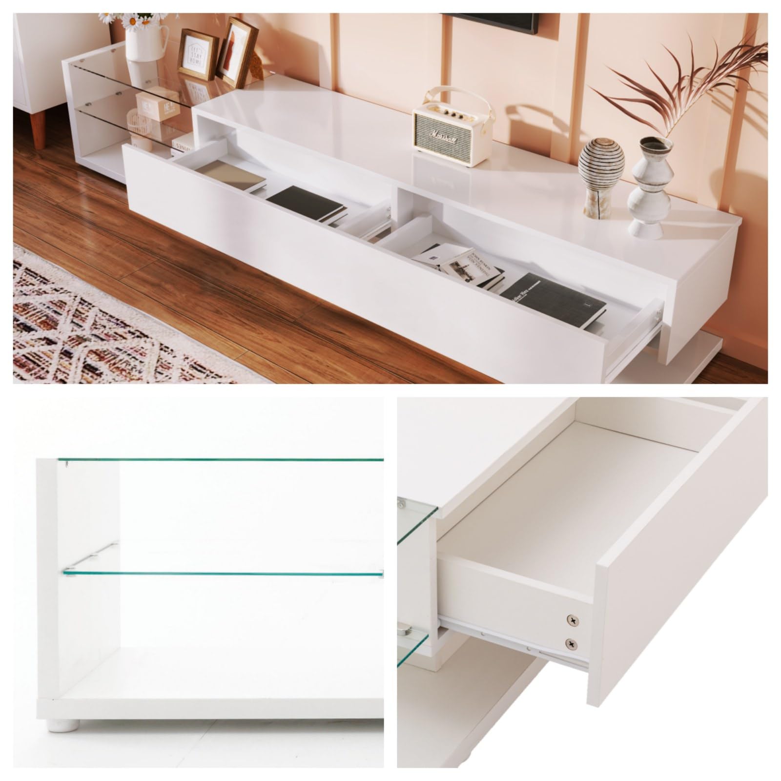 KOMHTOM Mobile per TV bianco con cassetti e gambe dorate per camera da letto, soggiorno (bianco + oro