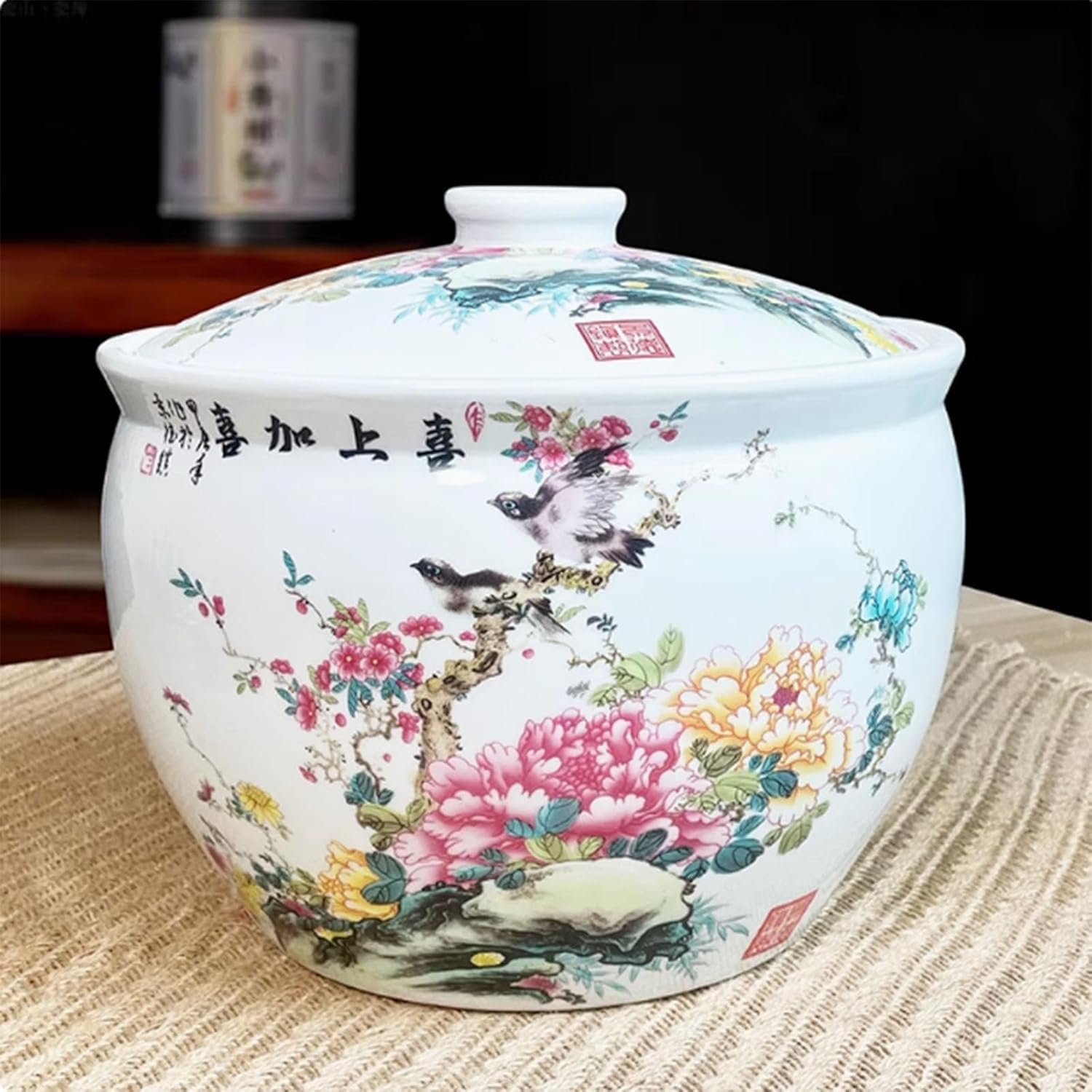 MESCXTY Ceramic Rice Jar with Lid, Household Bucket, Grain Dispenser Food Storage Jar, Container(H,10KG)
