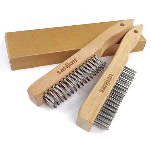 Miniatura 7 de SANJIAN Cepillo de alambre para limpieza-2 cepillos de alambre de acero inoxidable resistentes para limpiar el óxido, mango curvado de madera de