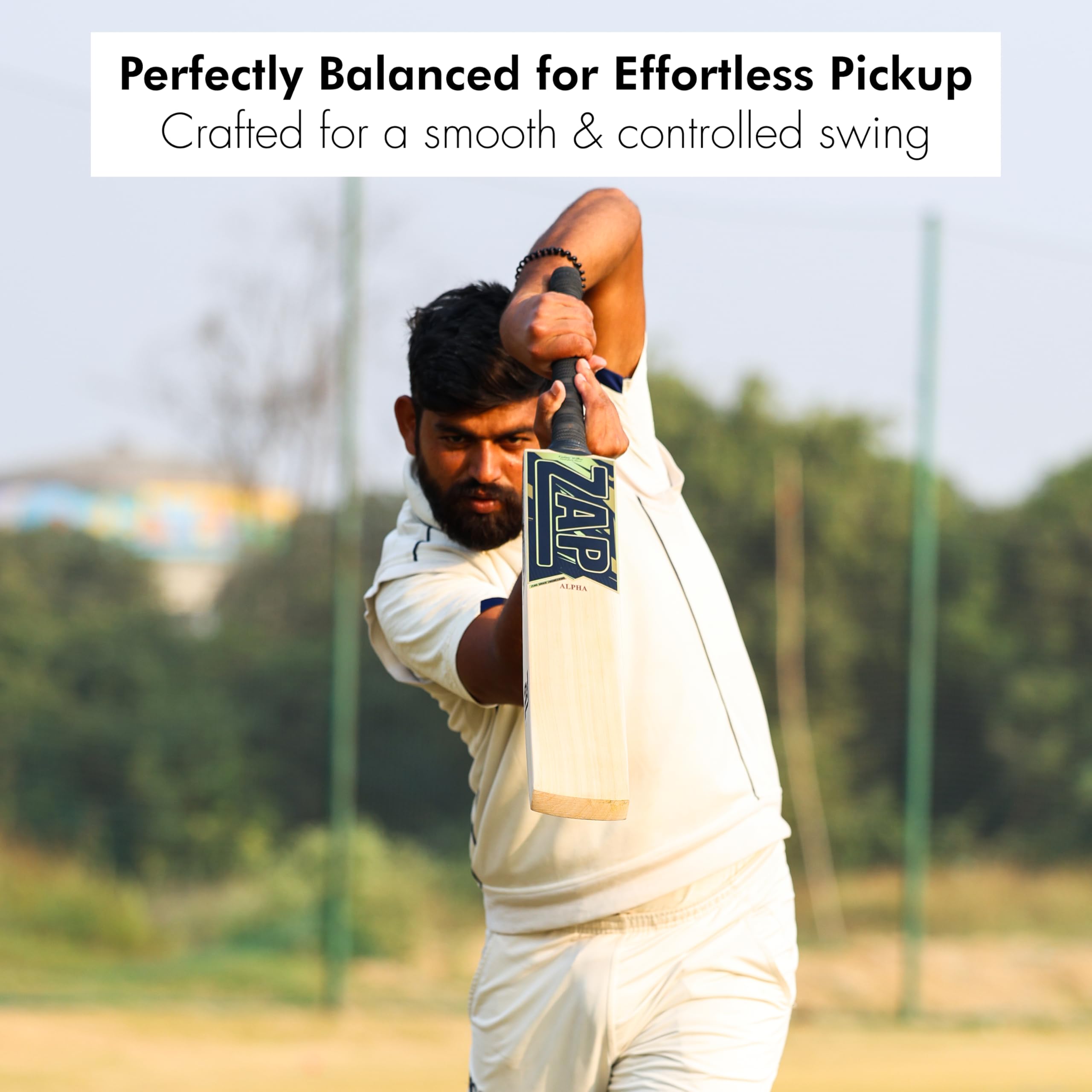 ZAP Alpha Kashmir Willow Cricket Leather Bat (Size 6) for Boys 12-14 Years | Grade 1 | Lightweight Professional Season Bat for Leather Ball | Singapore Cane Handle | Zero Shock Handle | Free Cover 1