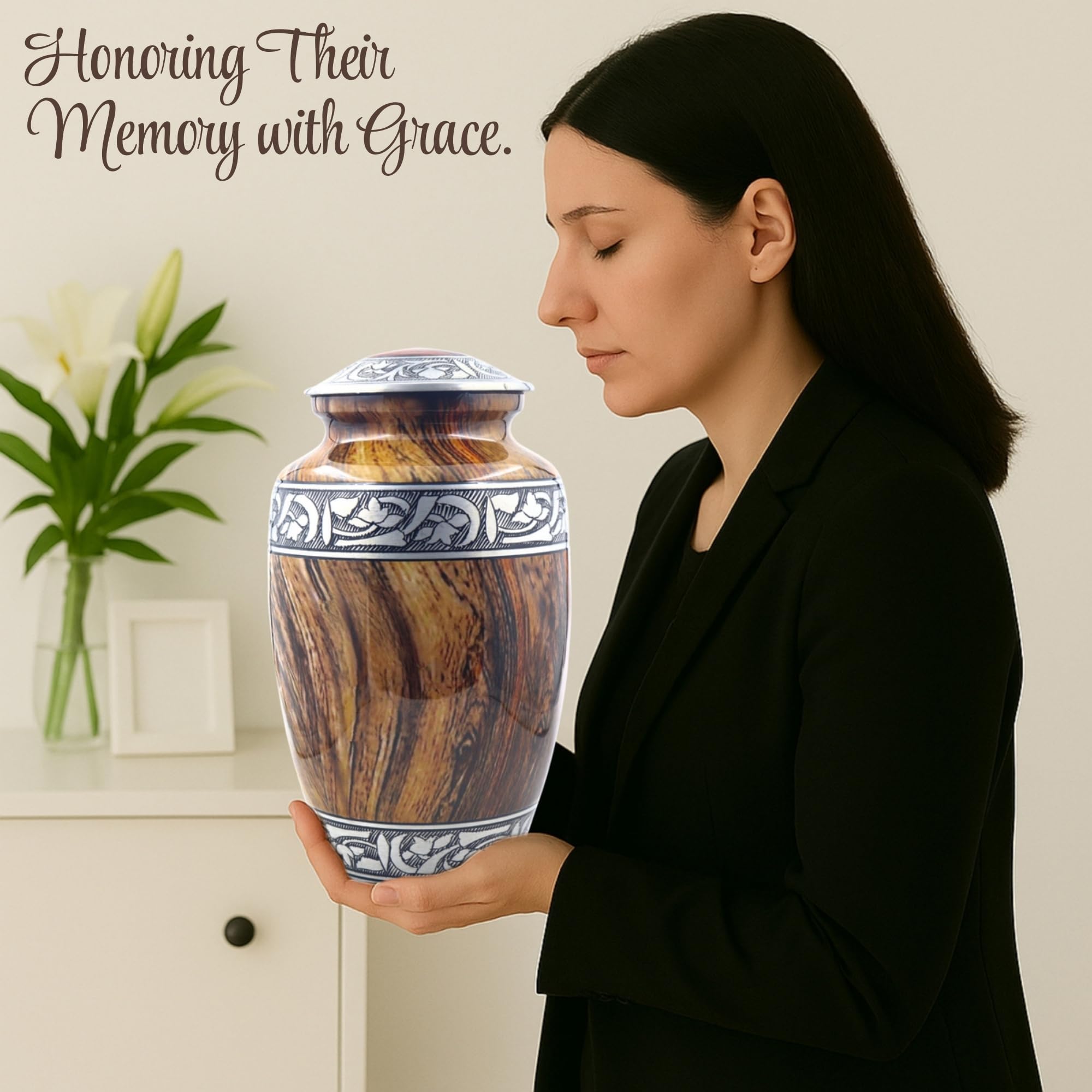 Gravierte silberne Blumen-Urne für Erwachsene – große handgefertigte Columbarium-Urne – Holz-Textur, 512 cm³ – inkl. Tasche