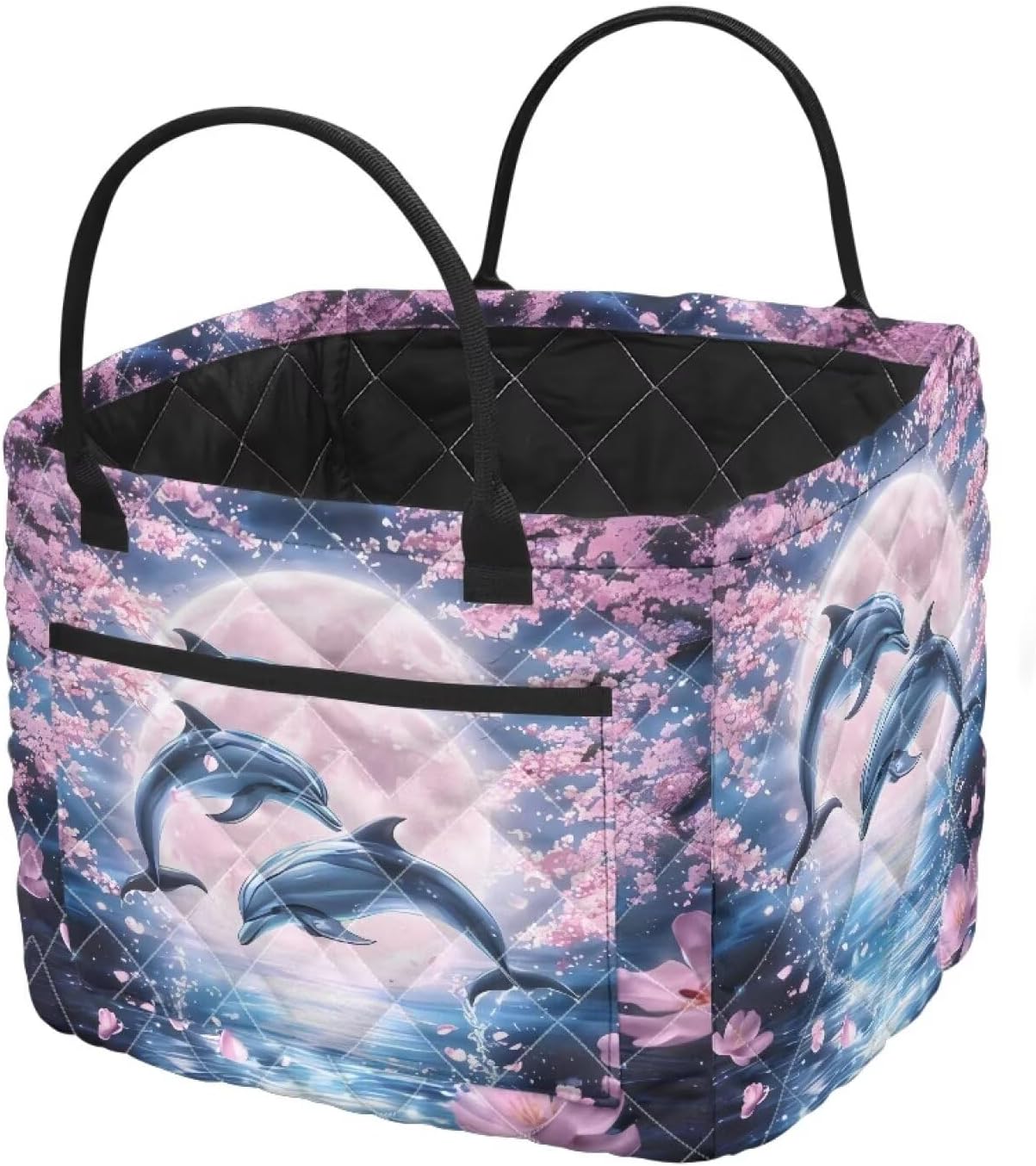 Quilted Fabric Storage Basket Dolphins Cherry Blossom Moon Large Capacity Foldable with Handles Floral Print Laundry Basket for Clothes Toys Nursery