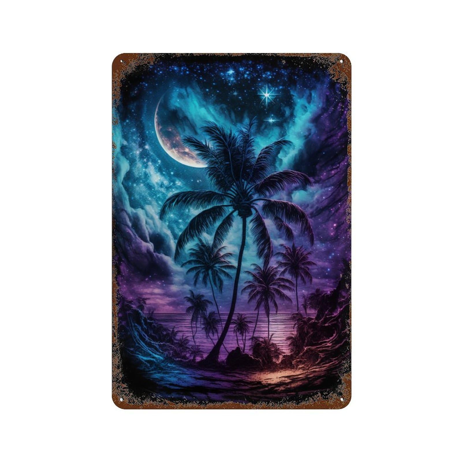 Garage Style Galactic Palm Beach Distressed Metal Wall Sign 11.8"x7.9", Retro Wall Decor for Bar And Workshop