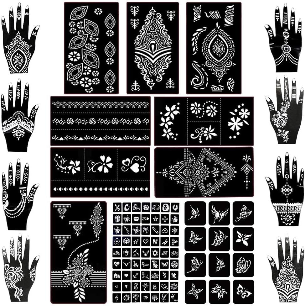 Koogel 18 Sheets 97PCS Henna Tattoo Stencil Kit, Reusable Mehndi Templates for Indian Weddings, Bridal Mehndi, Music Festivals, Summer Parties, Body Art Temporary Tattoo Stencils