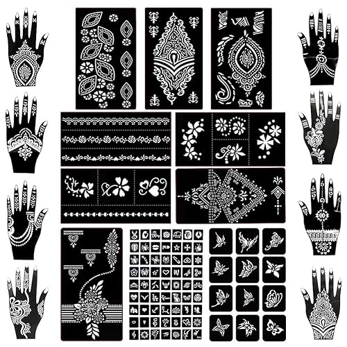 Koogel Kit de plantillas de tatuaje de henna de 18 hojas, 97 plantillas de tatuaje con brillantina temporal para pintura facial y arte corporal