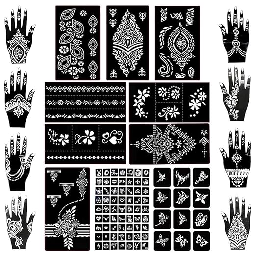 Koogel 18 Sheets Henna Tattoo Stencil Kit, 97 PCS Temporary Glitter Airbrush Flower Tattoo Stencils for Women and Girls Arabian Realistic Tattoo Stickers for Face Paint Body Art