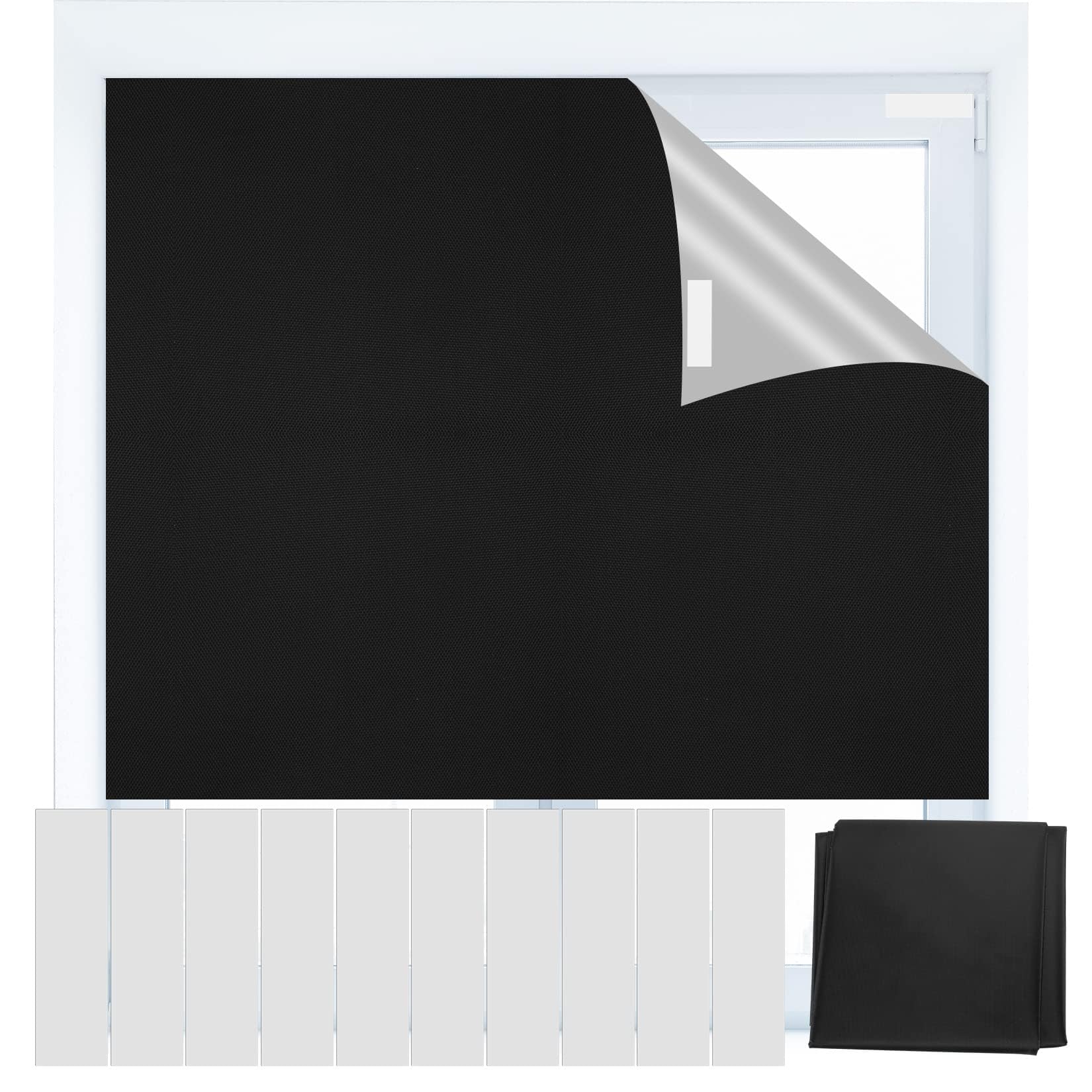 FDTY Temporary Blackout Blinds, Black Out Blinds Stick On, Portable 100% Blackout Material 150 * 200CM, Window No Drilling Blackout Blinds with Self Adhesive Tapes for Nursery Bedroom Travel RV Car