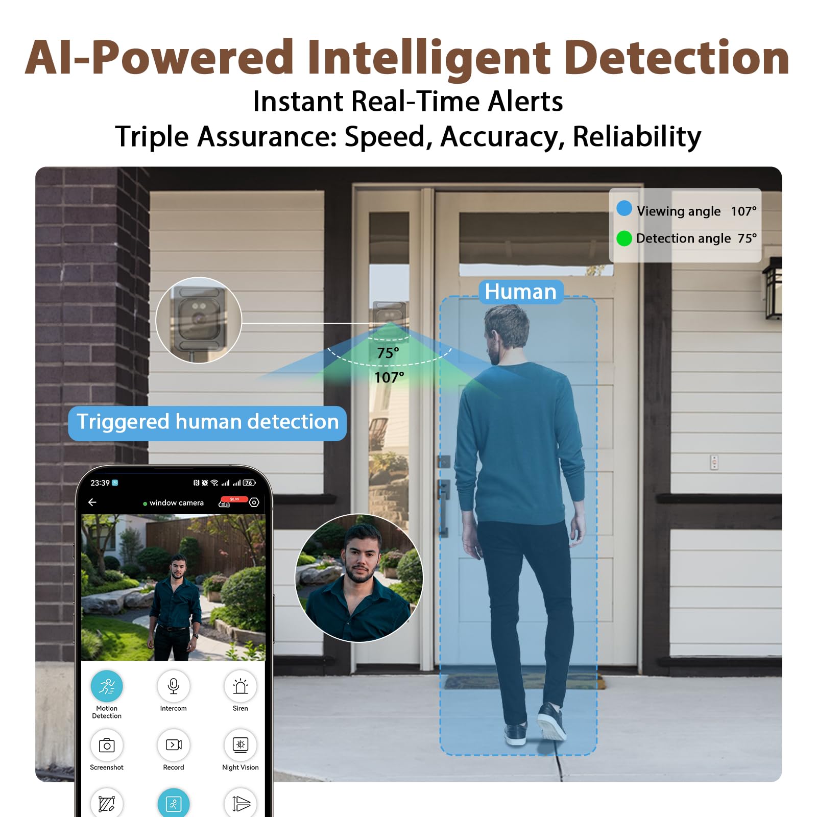 EVERSECU Telecamera per finestre 2K con supporto adesivo, visione notturna a colori Starlight, rilevamento del movimento, audio a 2 vie, WiFi 2.4G/5G, compatibile con Alexa, perfetta per porta