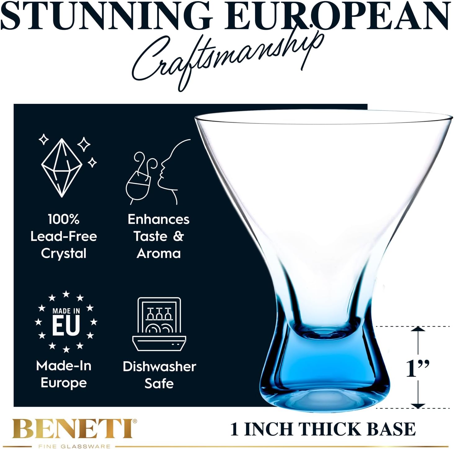 BENETI European Made Colored Martini Glasses Set of 6 Stemless Cocktail Glasses - 8 Oz, Dishwasher Safe, Crystal Glass Cups for Partys - Image 7