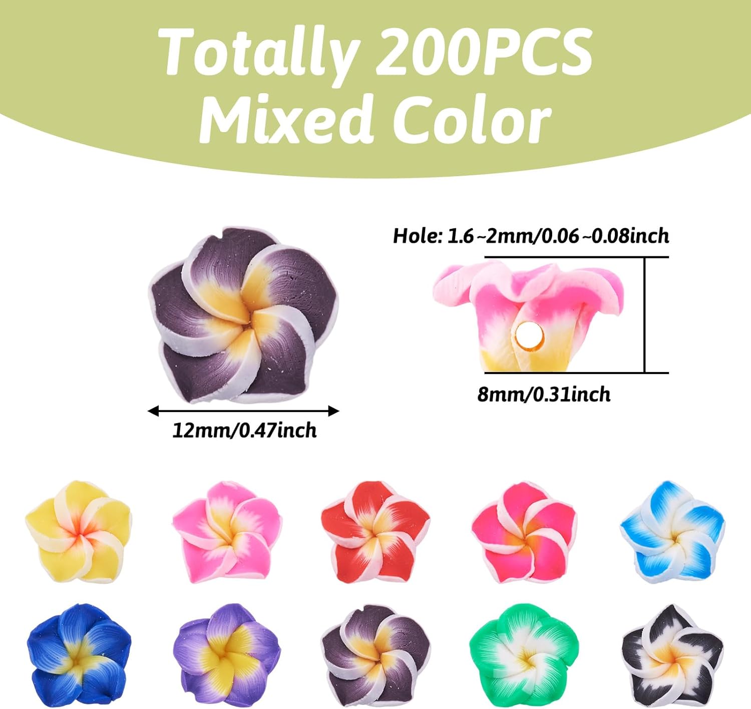 KISSITTY 200-Piece Random Mixed Color Handmade Polymer Clay 3D Plumeria Flower Spacer Loose Beads 12x8mm with Holes 1-1.6mm for DIY Jewelry Craft Making - Image 7