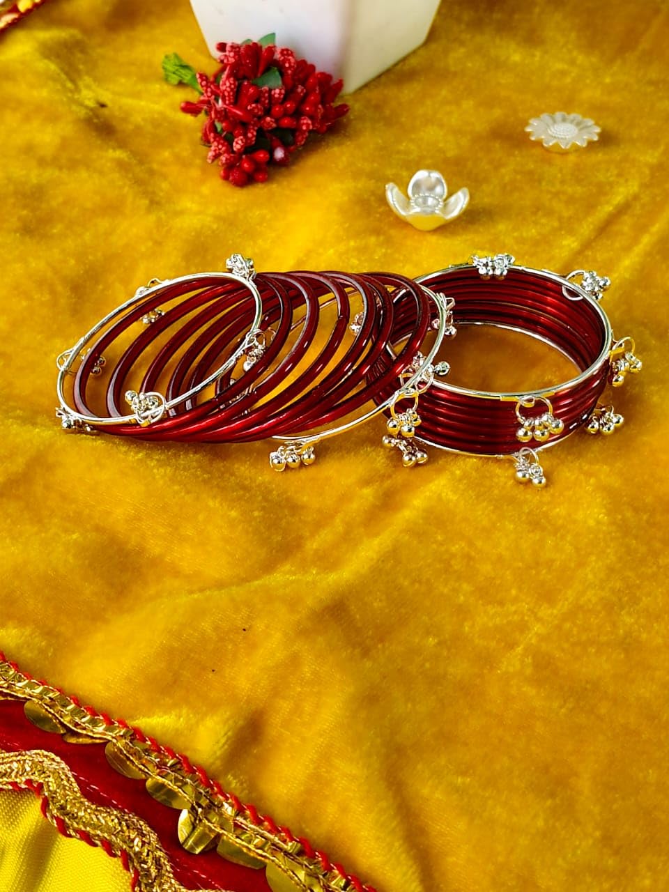 ZULKA Premium Glass Bangles Set with Ghungroo For Women & Girls | Daily Use Kangan Bangles | Kada Set | Kanch Ke Kade | Bangles Bracelet Set For Girls - Set Of 12 (ZU_GO2-Bangles-S-Red-2.4) 2