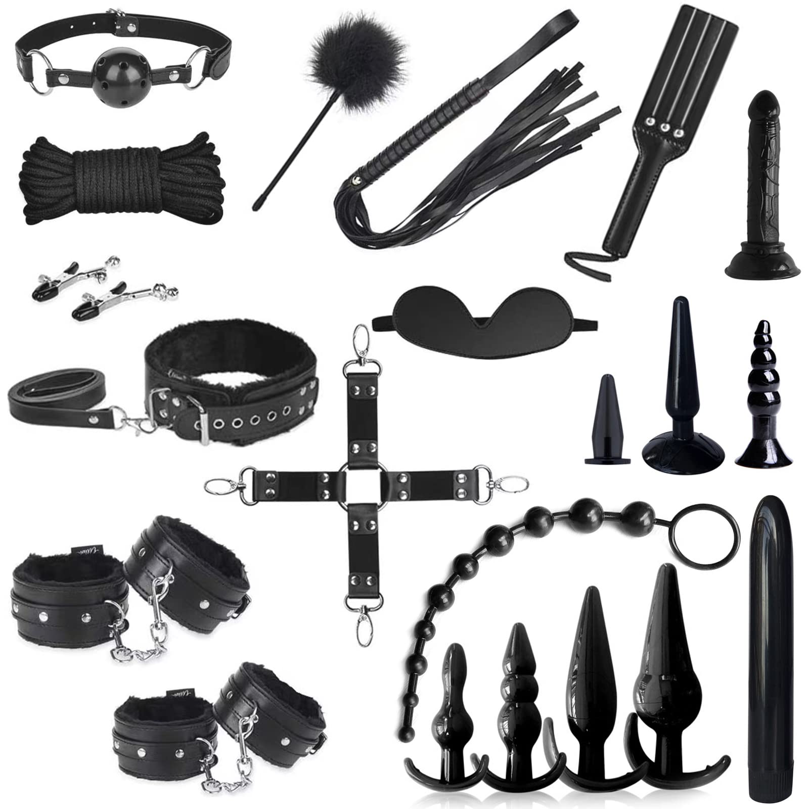 Kits de Bondage 21 PCS,Kit avec 10 Gode Plug Anal & Menottes Sex Lit Collier Cravache Sexy,Set Accessoires Sex Toys Anals Godemichets toýs Couple.