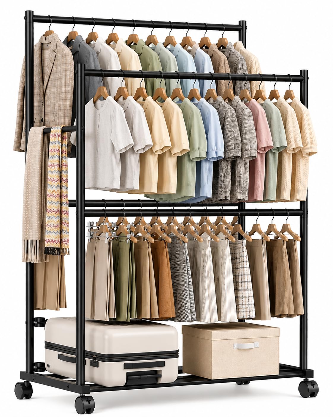 Tujurich Clothes Rack - 36.2" x 21.3" x 72", 4-Bar Double Rod Rolling Metal Clothing Rack for Hanging Clothes, Portable Garment Rack with Wheels for Bedroom Laundry, Closet Wardrobe, Black