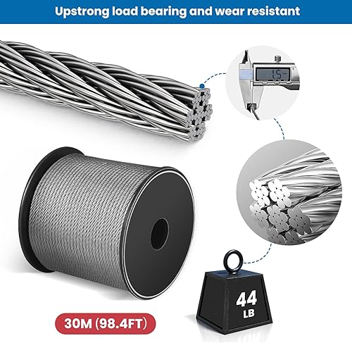 Miniatura 2 de Cuerda de alambre, alambre para colgar fotos, 50 libras, kit de cuerda de alambre 116 que incluye alambre de imagen de 98.4 pies, 4 ganchos de
