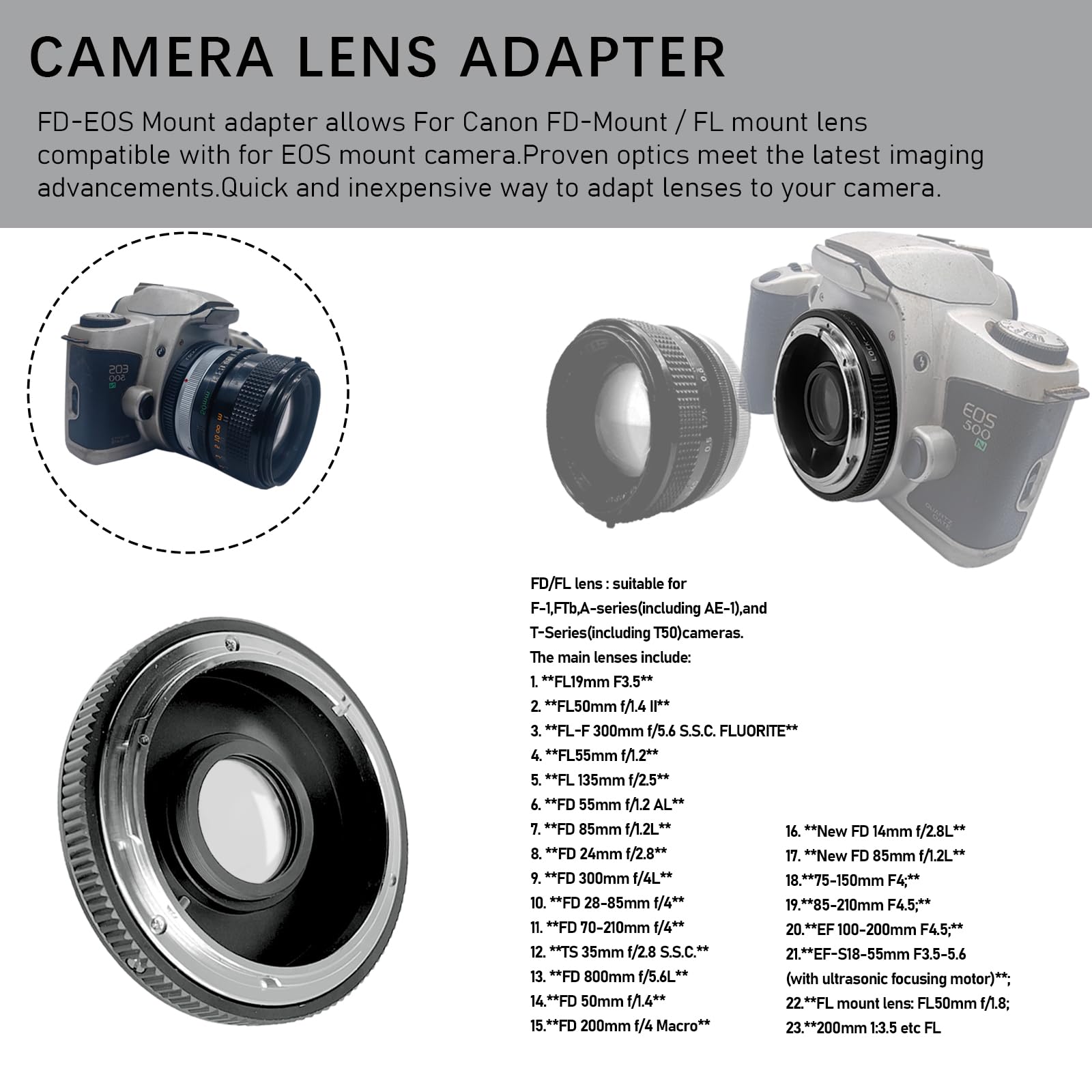 FD-EOS Adattatore per obiettivo per obiettivo Canon (FD/FL), compatibile con fotocamera EOS EF-S Mount 7D,10D,20D,30D, 40D,50D,60D, Rebel xt,T2i,T3,T3i,T4,400D,450D,1300D