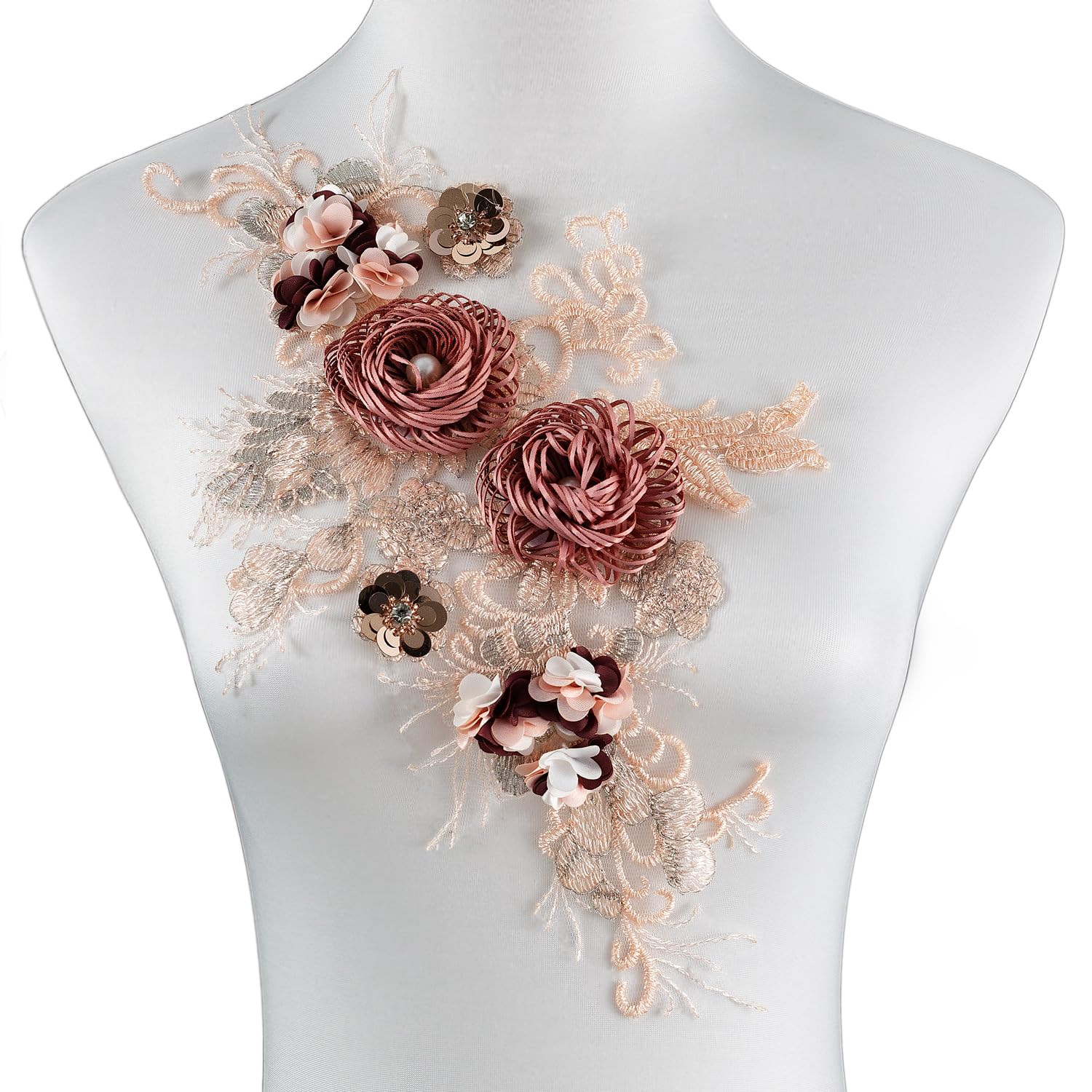 Silvora 3D Embroidered Beaded Pearl Flower Fabric Lace Applique, Handmade Sewing Tool for DIY Wedding Bridal Dress Floral Clothes Patches (Brown-1)