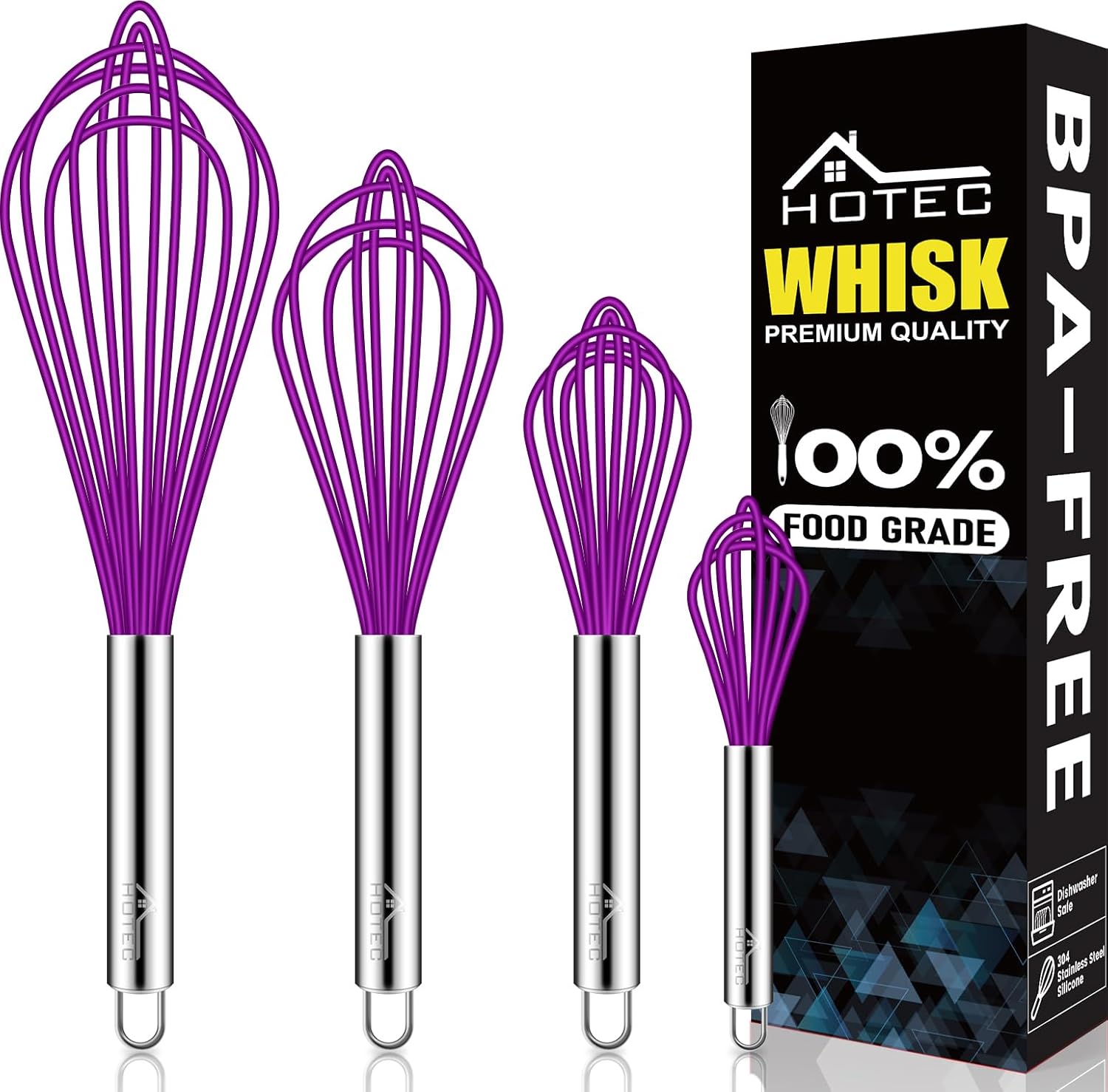 HOTEC 4-Piece Silicone Whisk Set - Non-Scratch Wire Balloon Whisks, Non-Slip Handles for Beating Eggs, Whipping Cream & Blending (Purple, 12-6.5")
