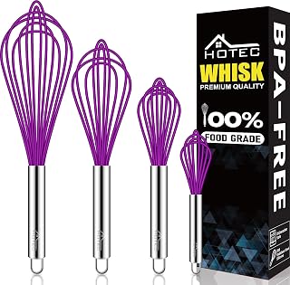 HOTEC 4-Piece Silicone Whisk Set - Non-Scratch Wire Balloon Whisks, Non-Slip Handles for Beating Eggs, Whipping Cream & Blending (Purple, 12-6.5")