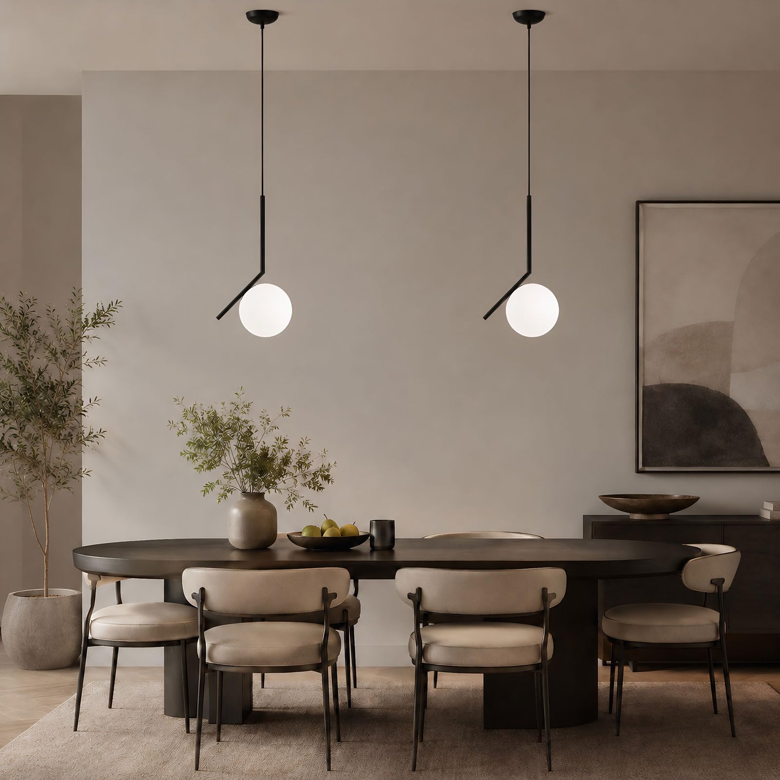 Lámpara Colgante Moderna de Vidrio Globo de Vidrio Opalino Acabado Metálico E27 Hanging Light Cable Ajustable 120cm para Isla de Cocina Comedor Dormitorio Cafetería (Negro, 20cm)