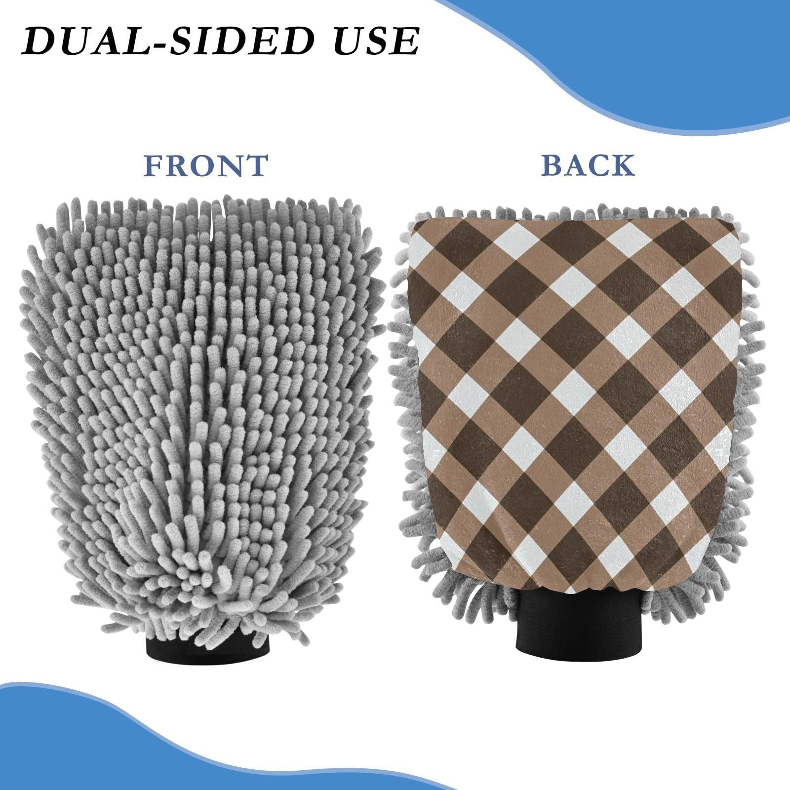 Hezely White Brown Plaid Car Wash Mitt, 2PK Scratch Free Lint-Free for Car Washing and Detailing